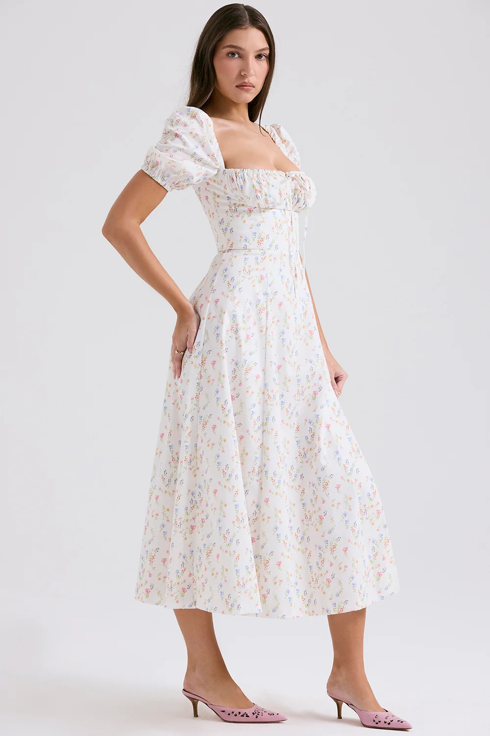 White Posy Print Cotton Puff Sleeve Midi Sundress
