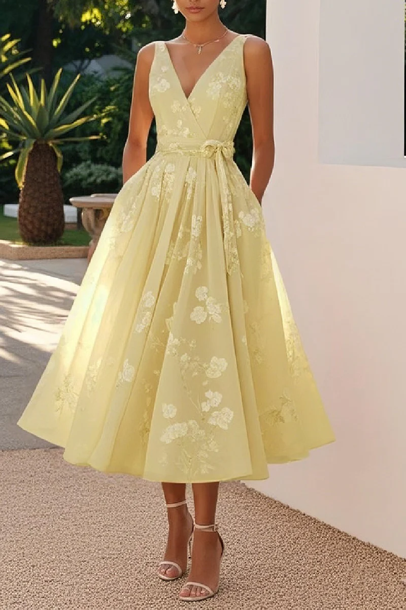 A-Line Tea Length Lace Wedding Guest Dress 936977177647