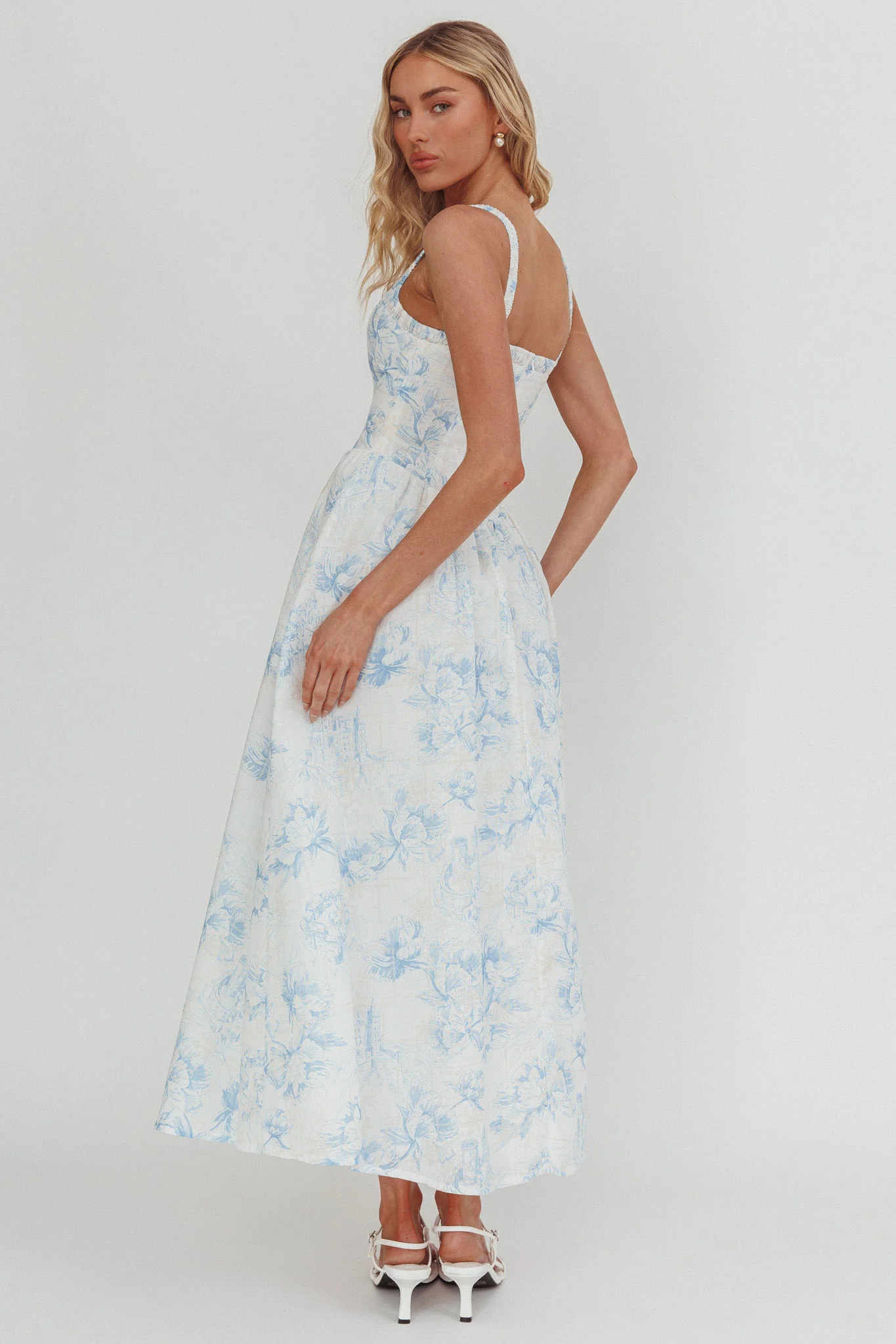 El Corazon Smocked Neckline Maxi Dress Print Blue