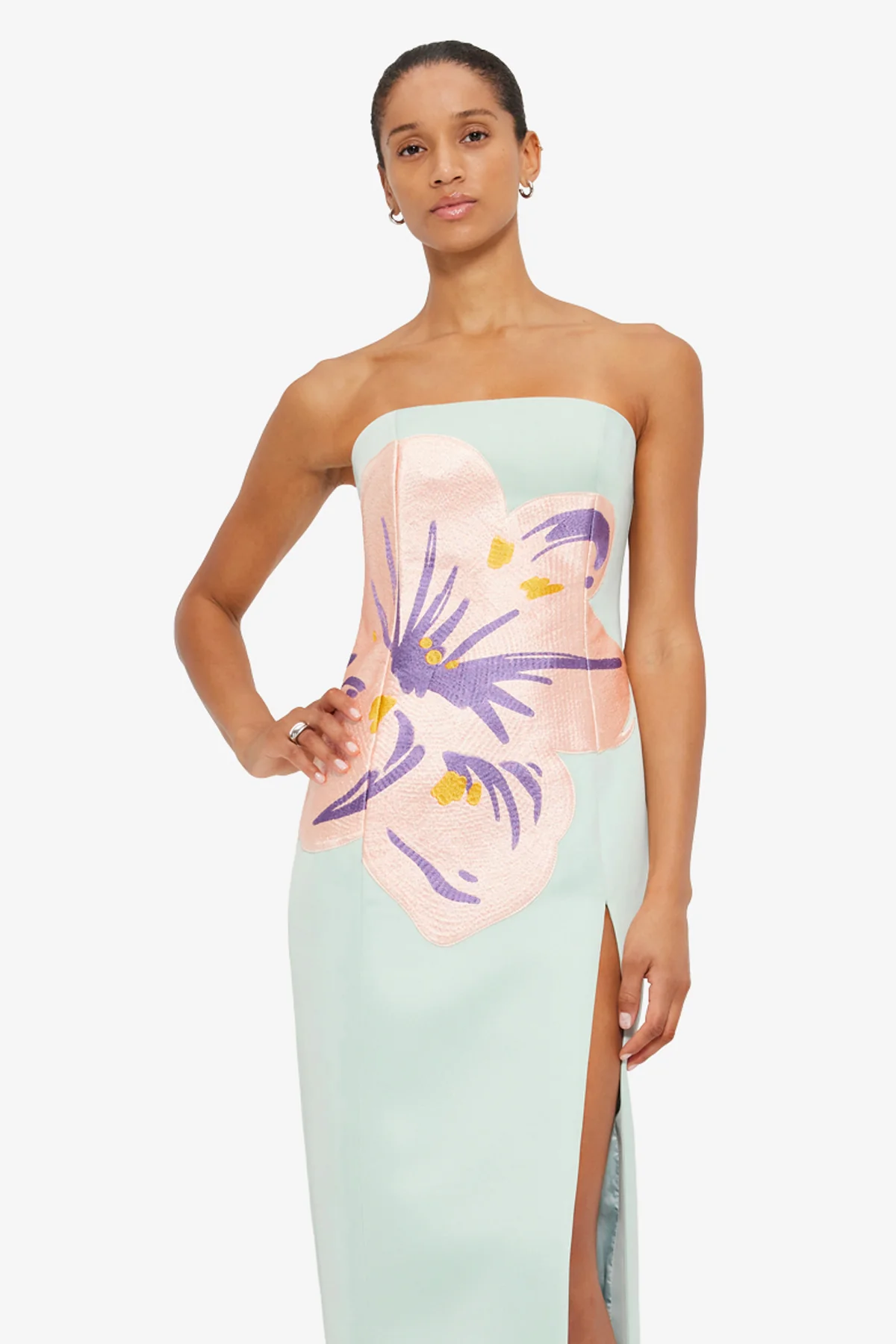 Clemence Embroidered Split Maxi Dress - Hibiscus in Pistachio