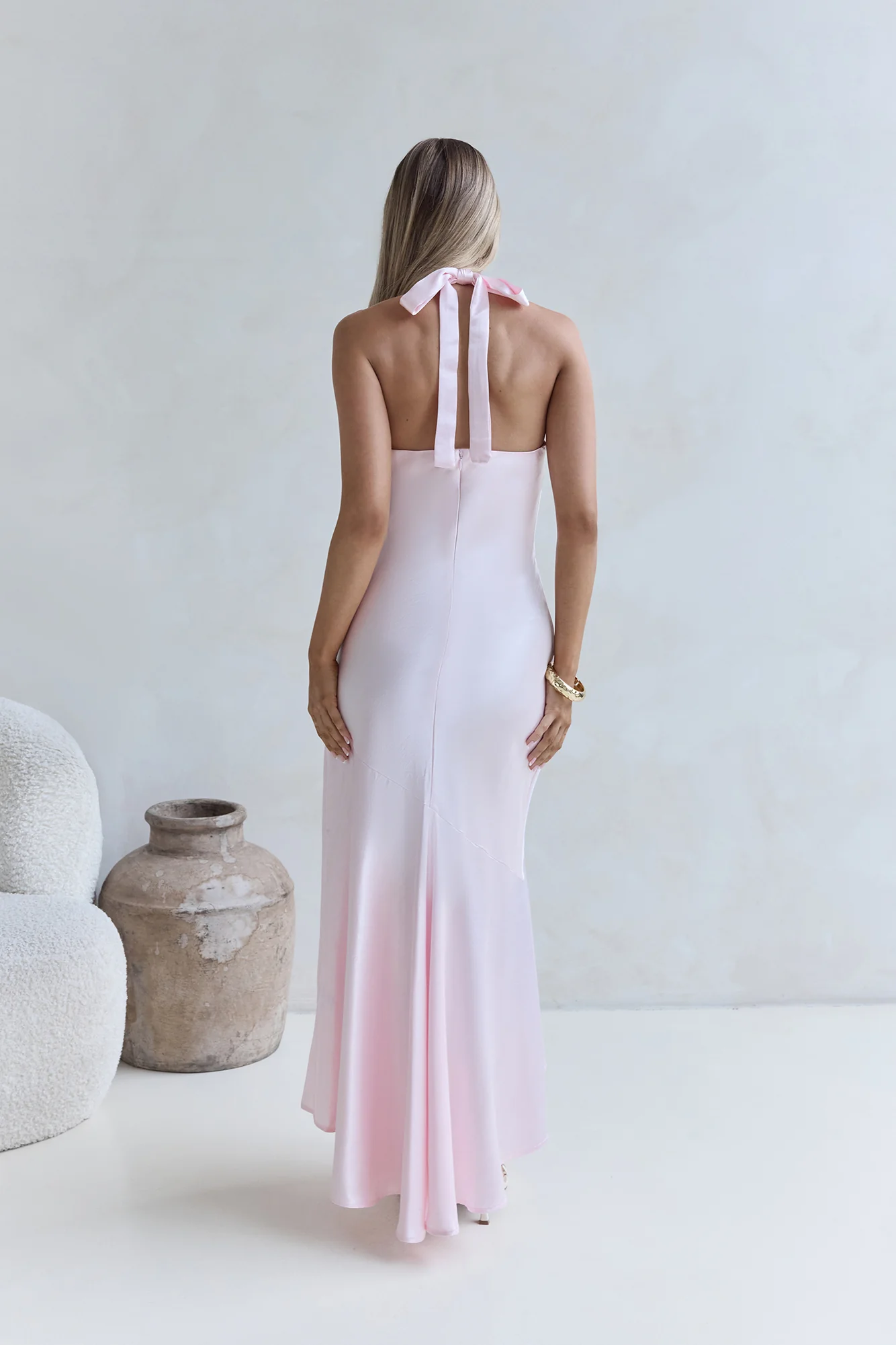 Lucky In Life Satin Halter Maxi Dress Pink