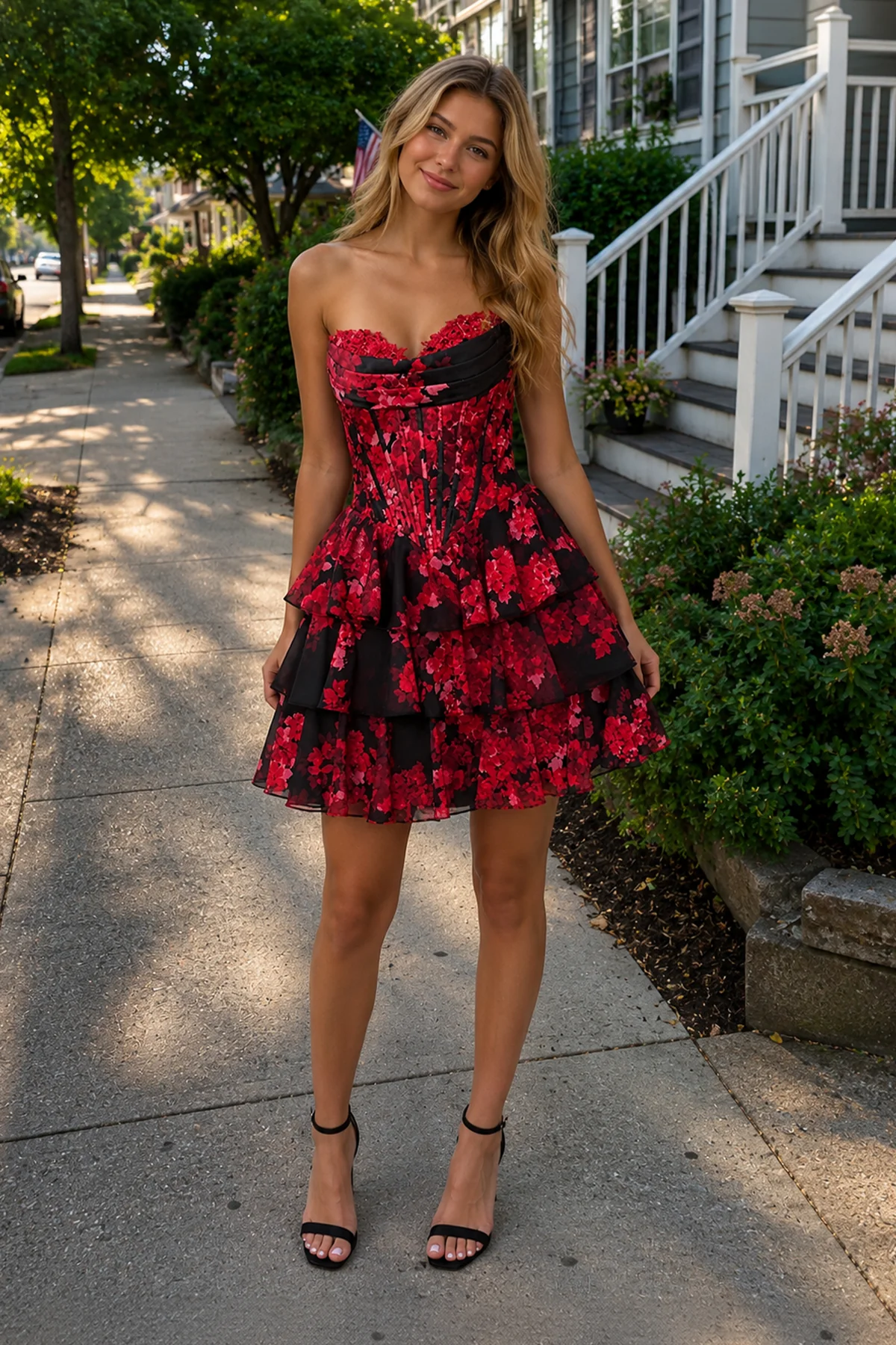 Red - Strapless Floral Chiffon A Line Corset Tiered Homecoming Dress With Appliques