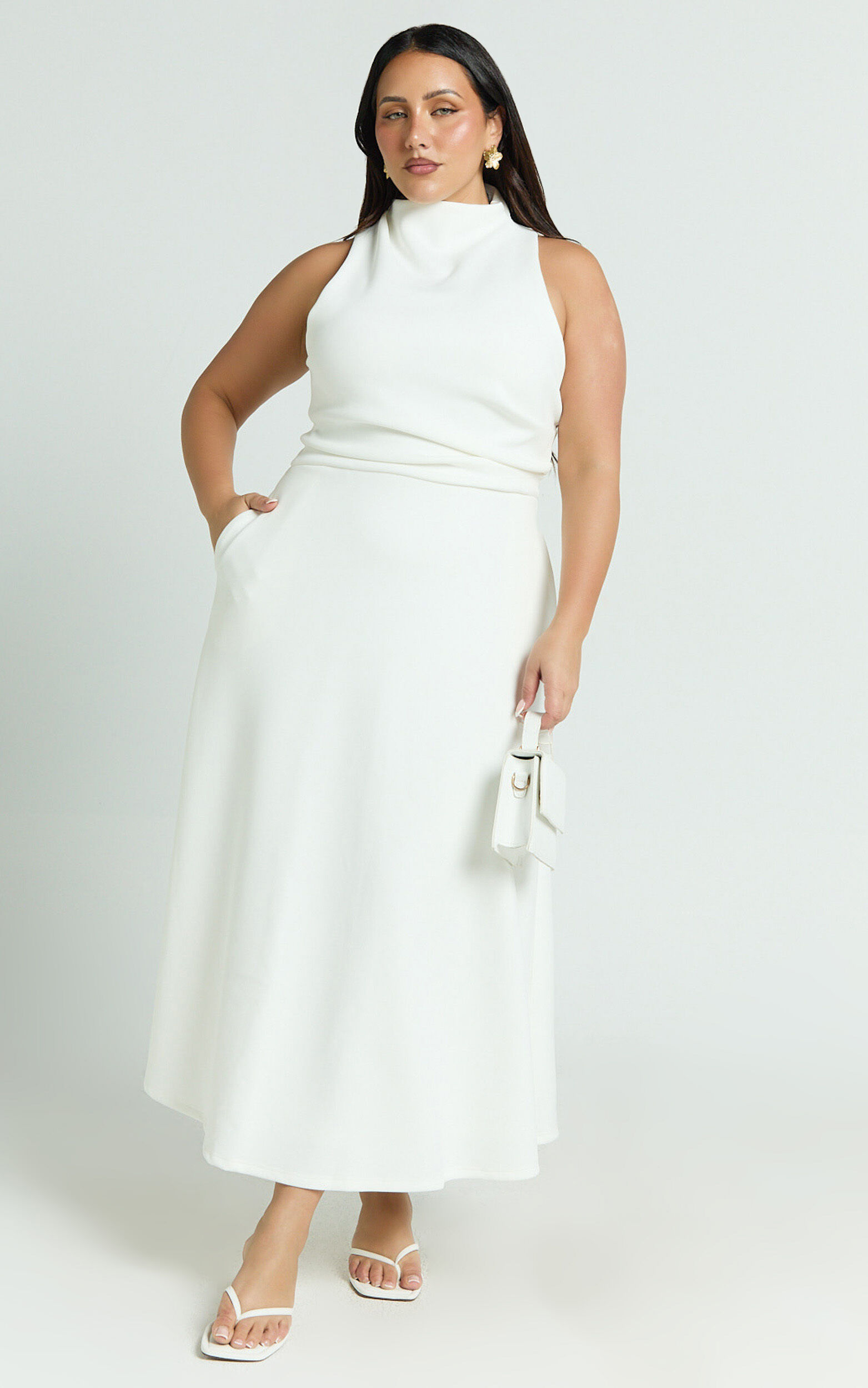 Macy Midi Dress - High Neck A Line Dress in Off White