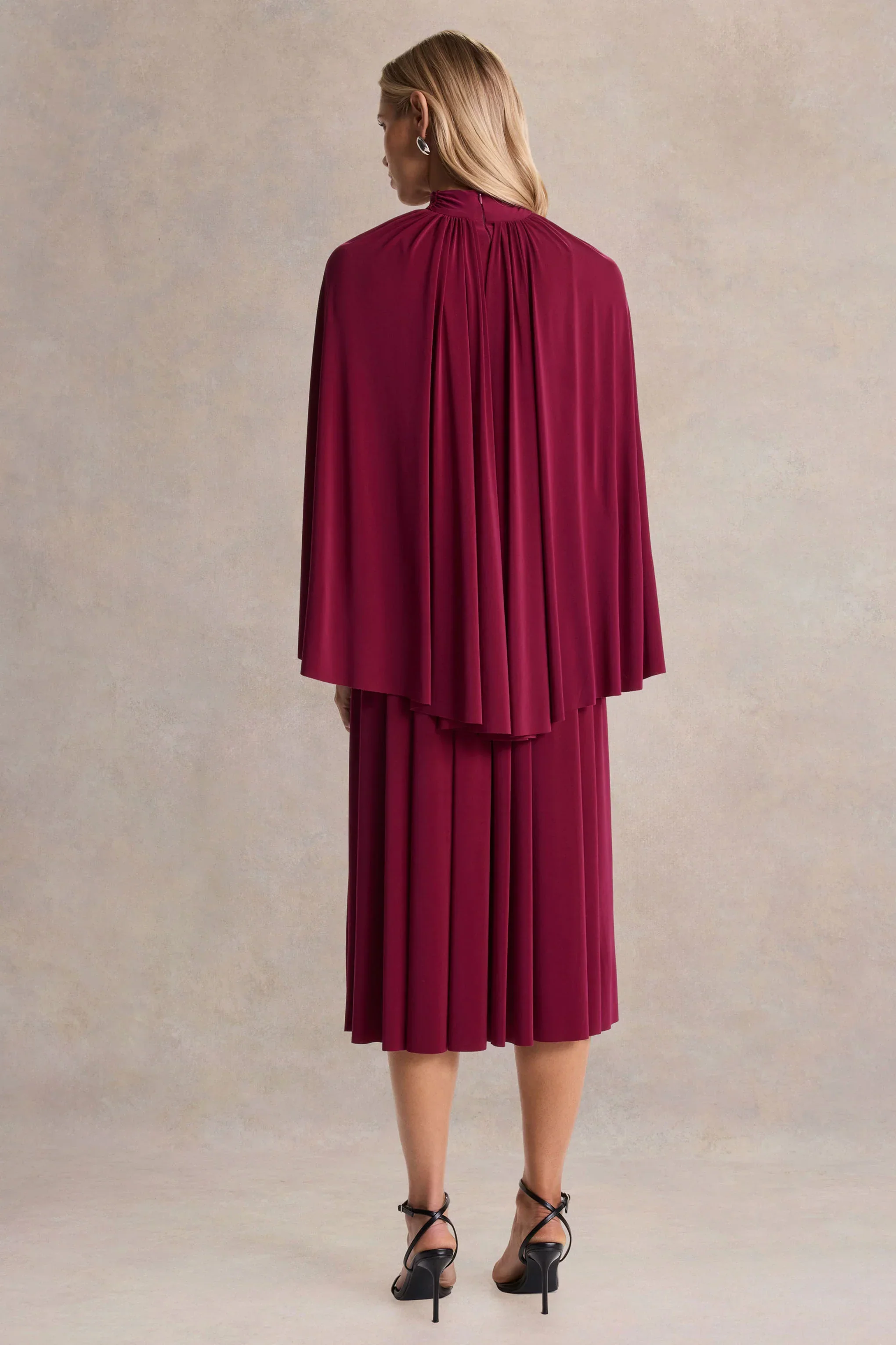 Honora | Burgundy High-Neck Midi Dress With Cape-Sleeves