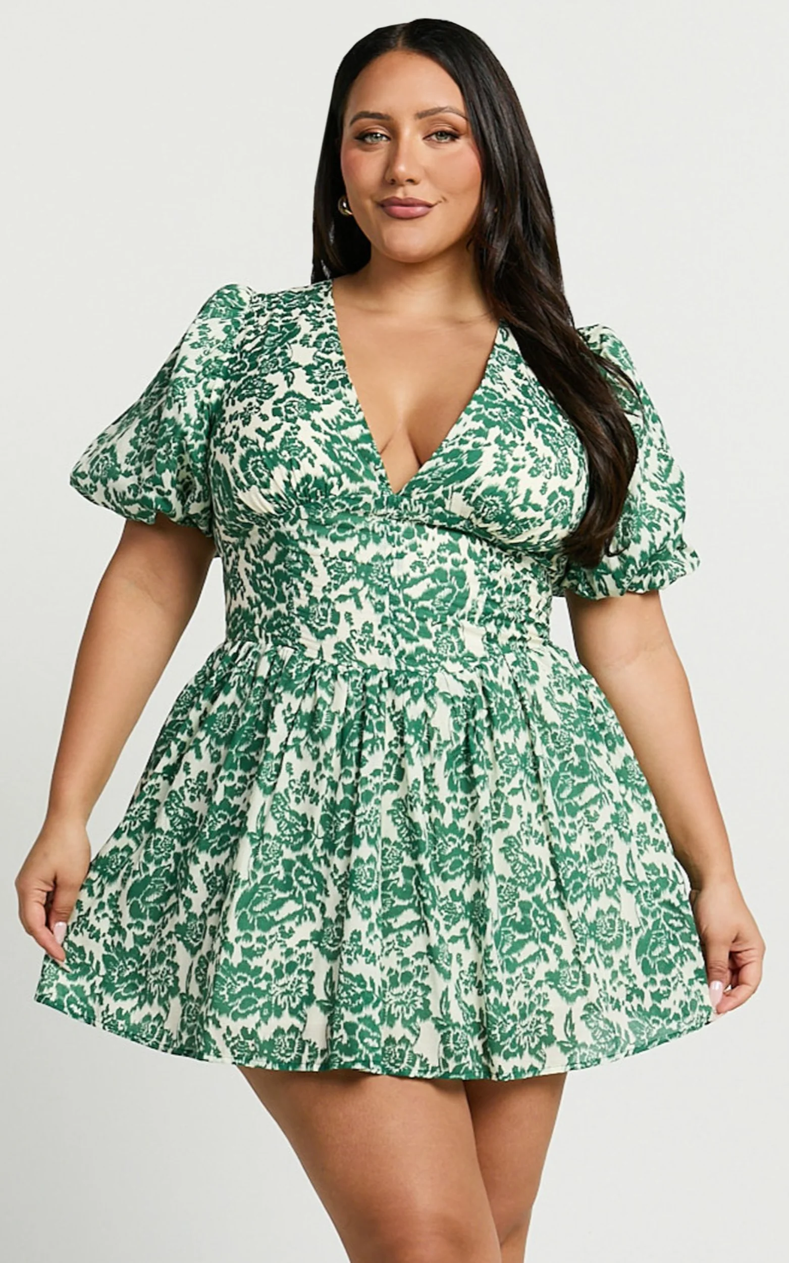 Nelli Mini Dress - Short Puff Sleeve Shirred Back Dress in Green Silhouette