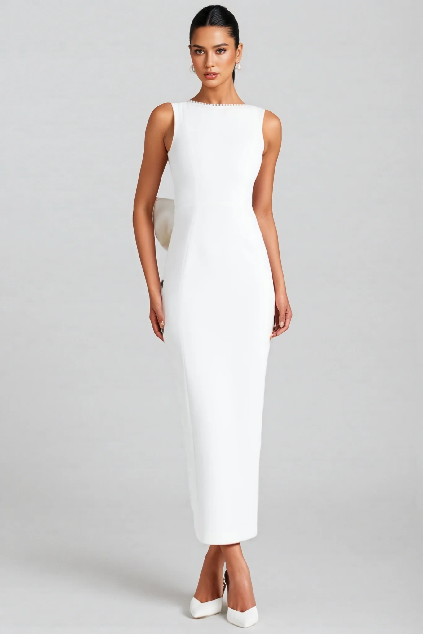 Jerres White Backless Pearl Ribbon Maxi Dress