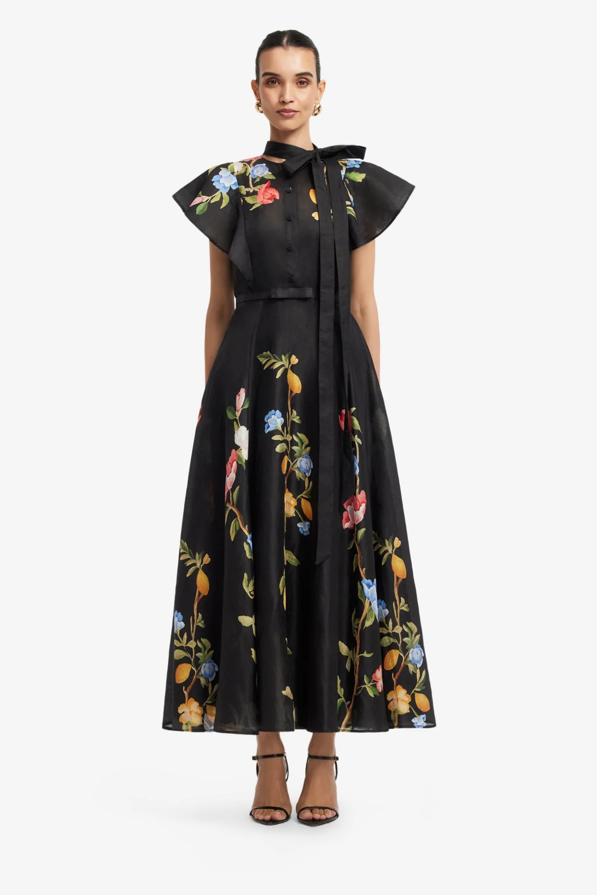 Elsie Flutter Sleeve Midi Dress - Lemon Vine Print in Ebony