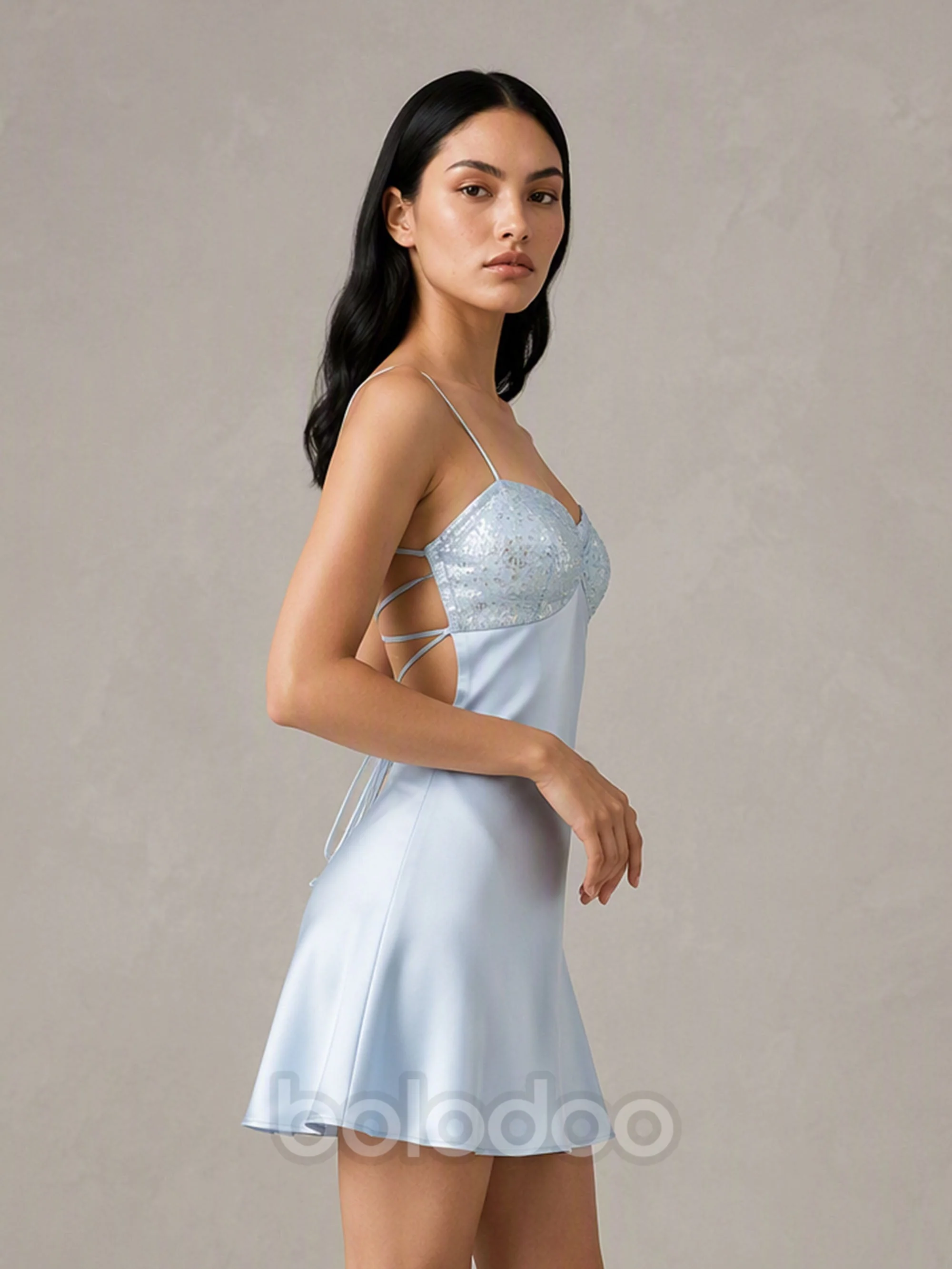 BOLODOO Light Blue Sequin Bustier Sweetheart Satin Spaghetti Strap Open Back Mini Dress