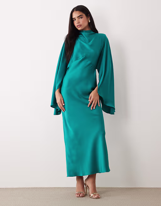 funnel neck satin maxi dress with exaggerated sleeves in turquoise