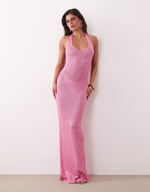 Noughts & Kisses cotton blend halterneck sparkle knit maxi dress in pink