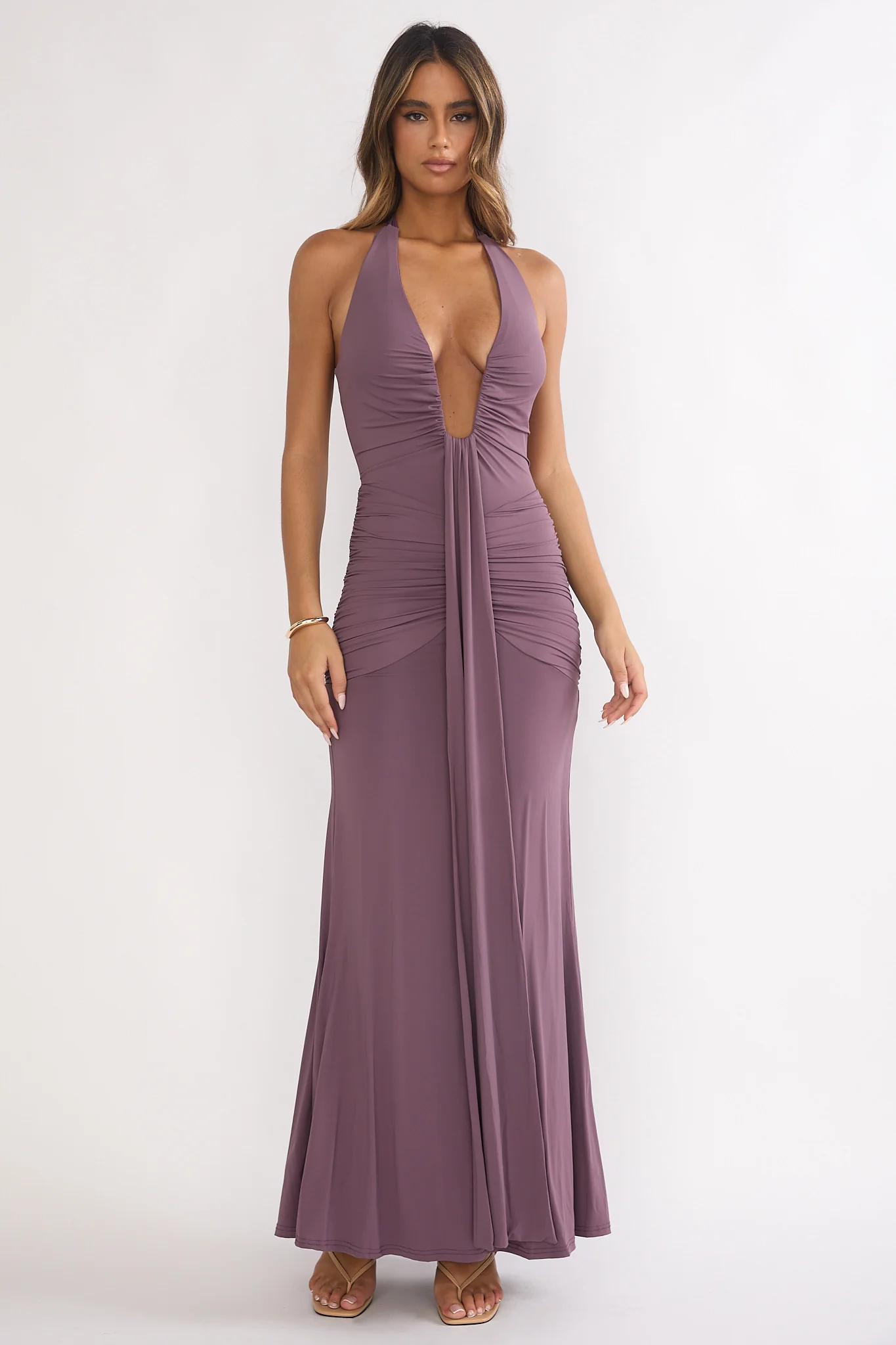 Brienna Halter Ruched Maxi Dress Mauve - luluinthesky
