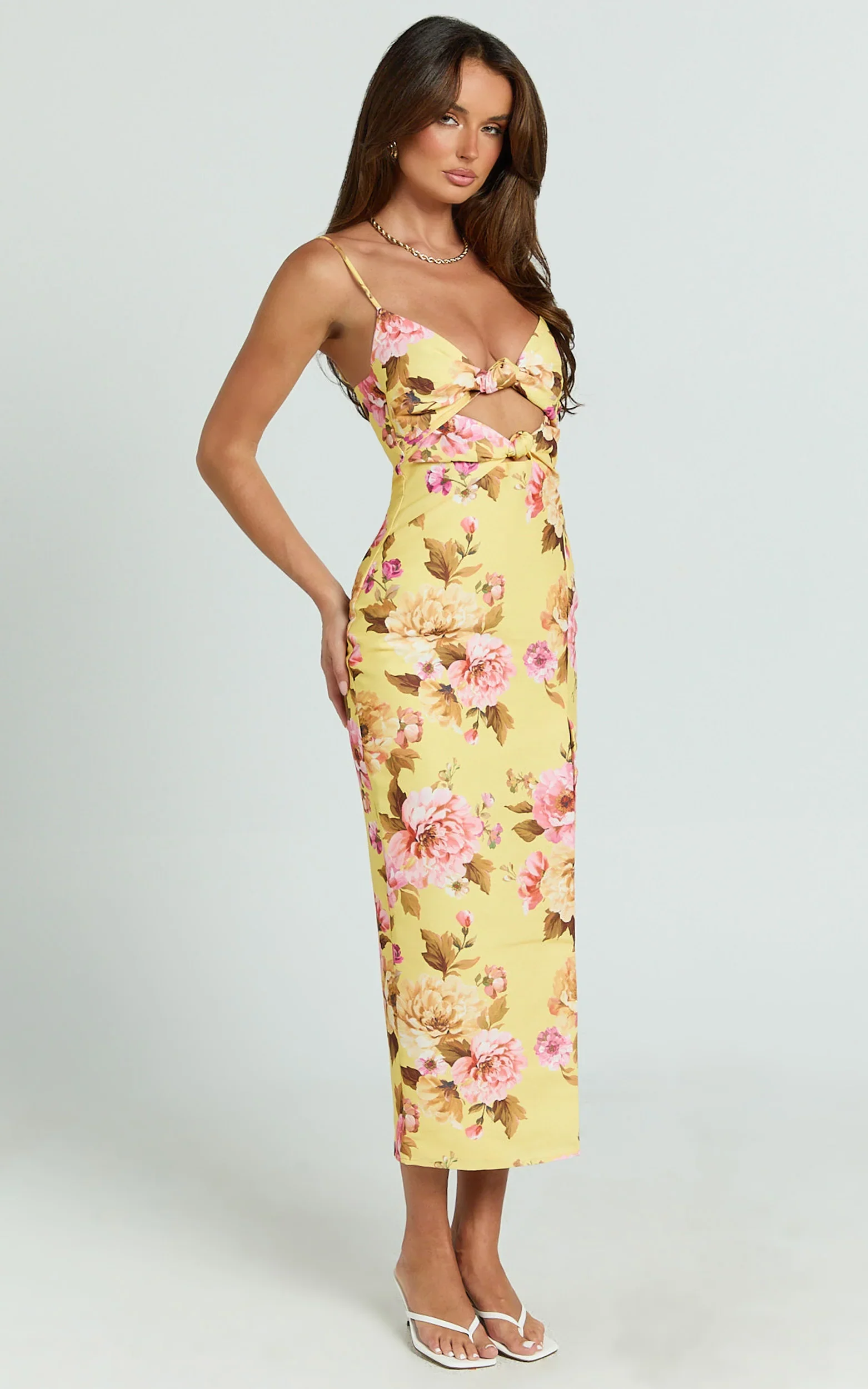 Janice Midi Dress - Knot Detail Front Split Dress in Sunshine Floral