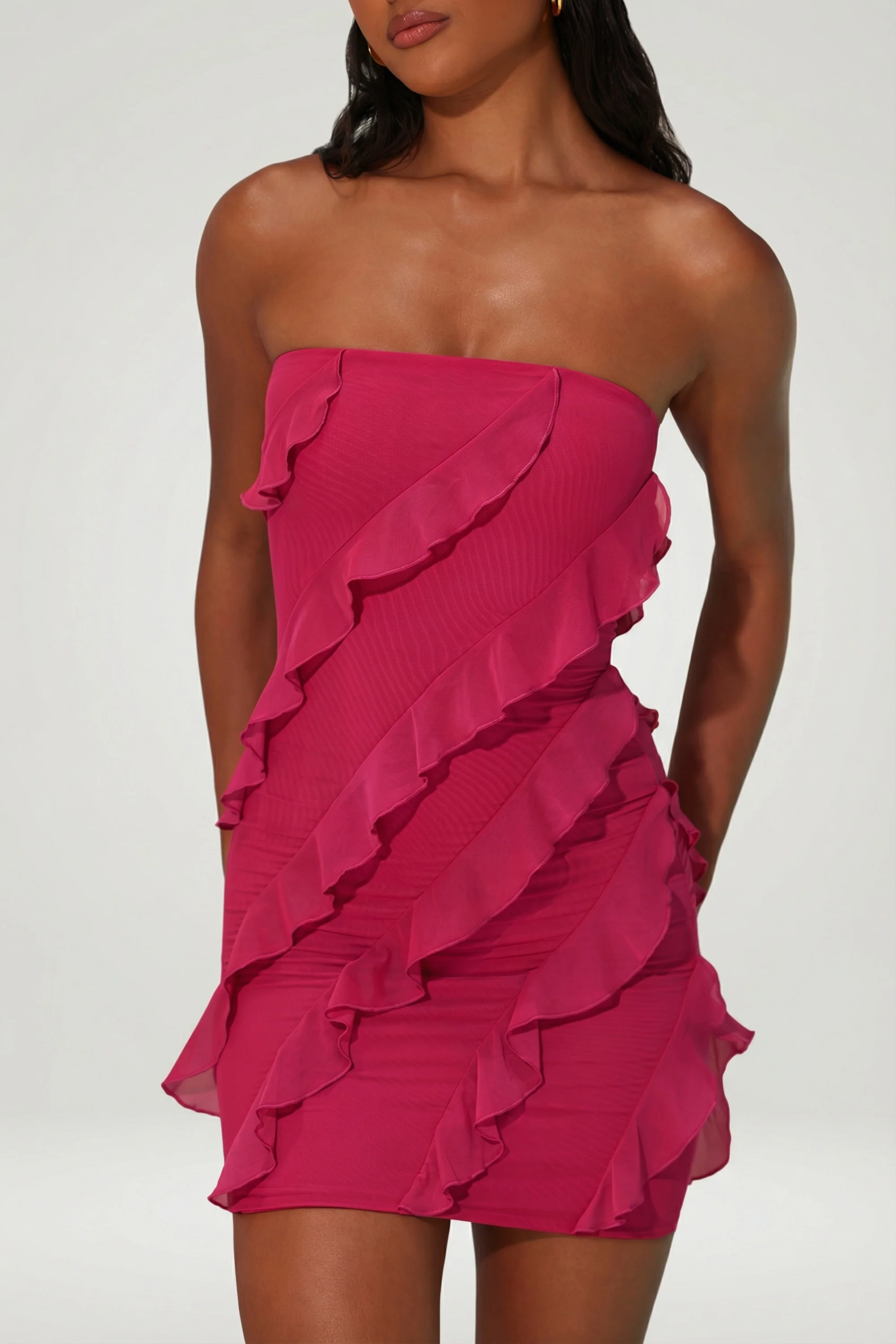 Bandeau Ruffle Detail Mini Dress in Fuchsia