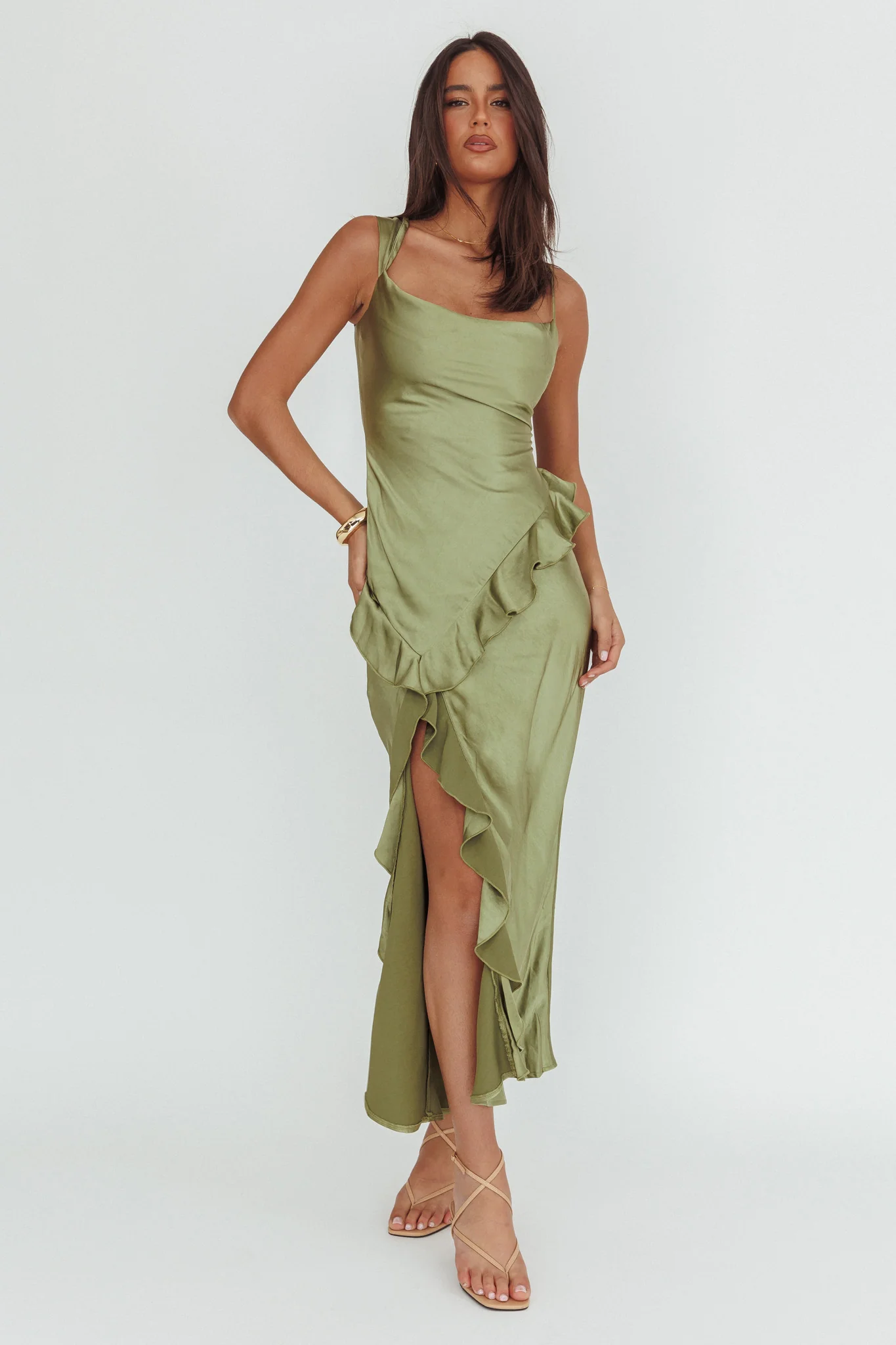 Sunshine Eternity Asymmetric Neckline Ruffle Maxi Dress Olive