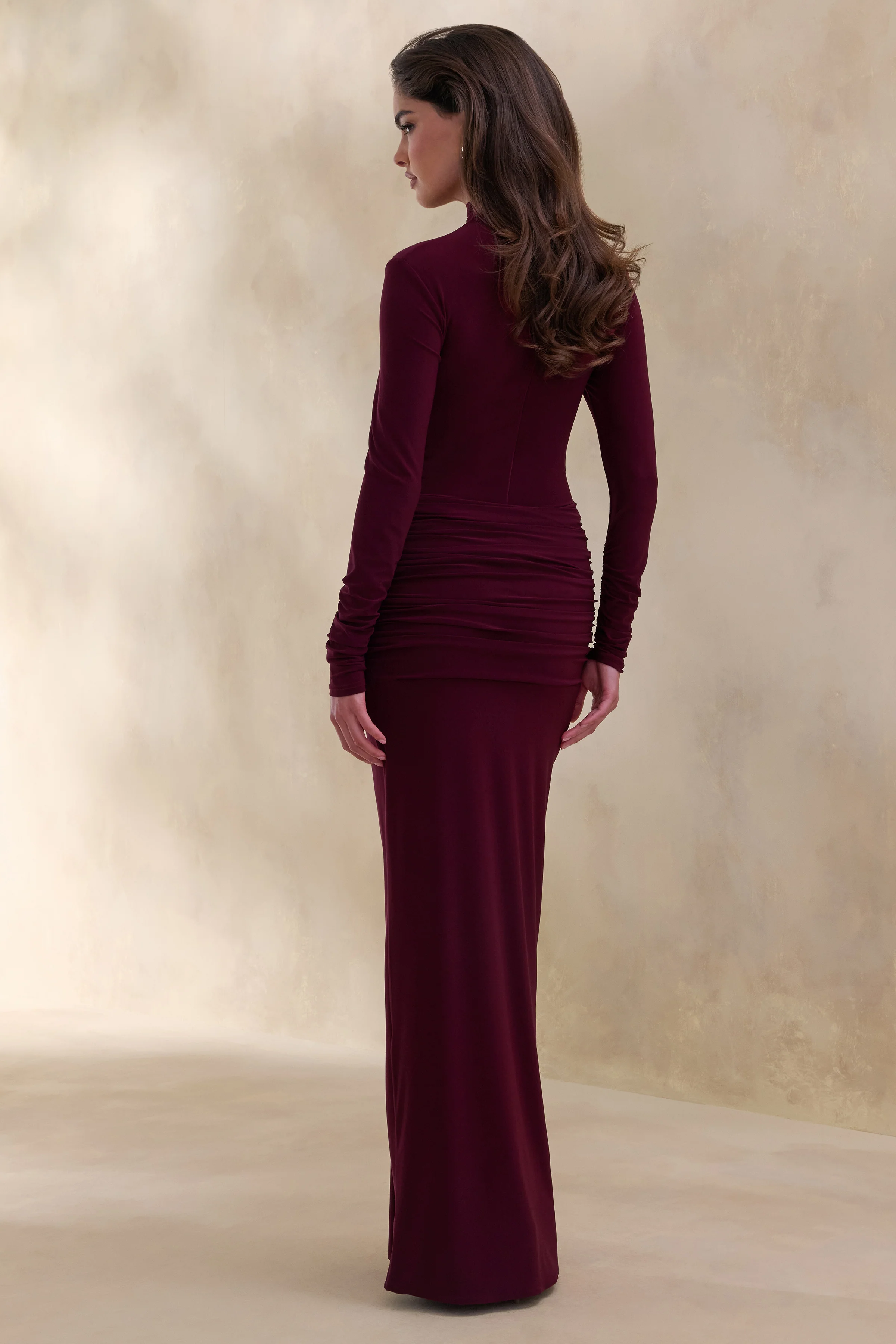 Ambrette | Dark Plum High-Neck Maxi Dress With Gathered-Detailing