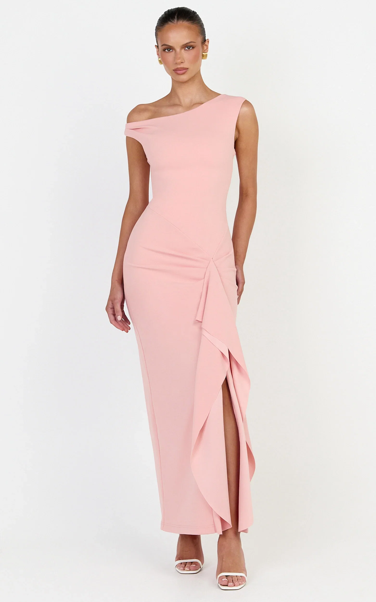 Alba Maxi Dress - Off Shoulder Waterfall Sash Dress in Pink