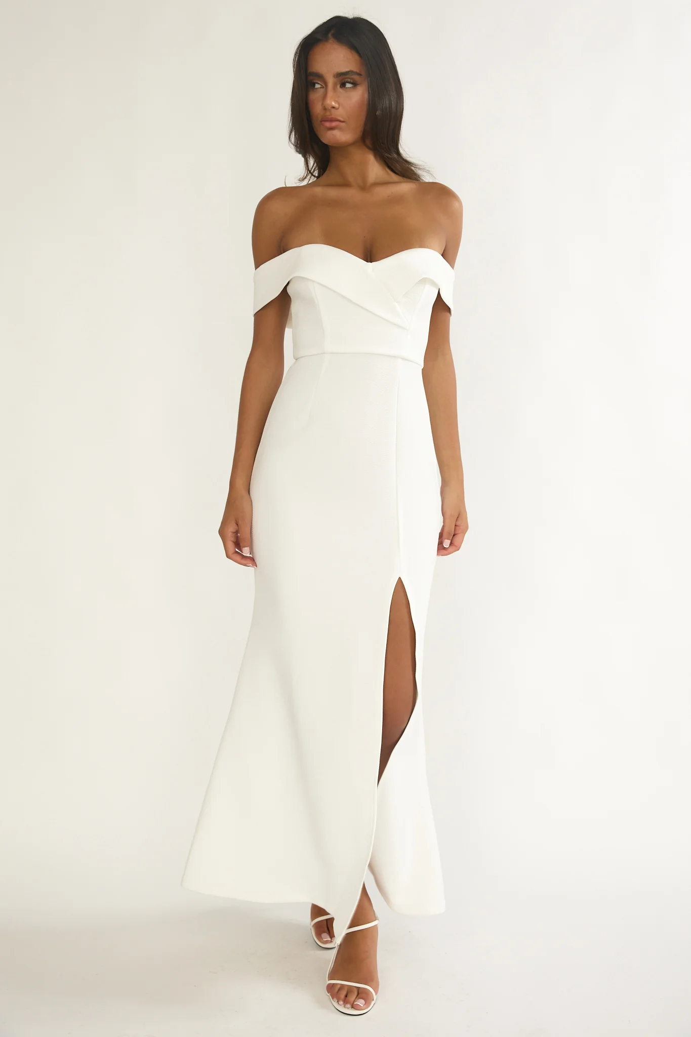 Rider Off-Shoulder Front Split Maxi Dress White