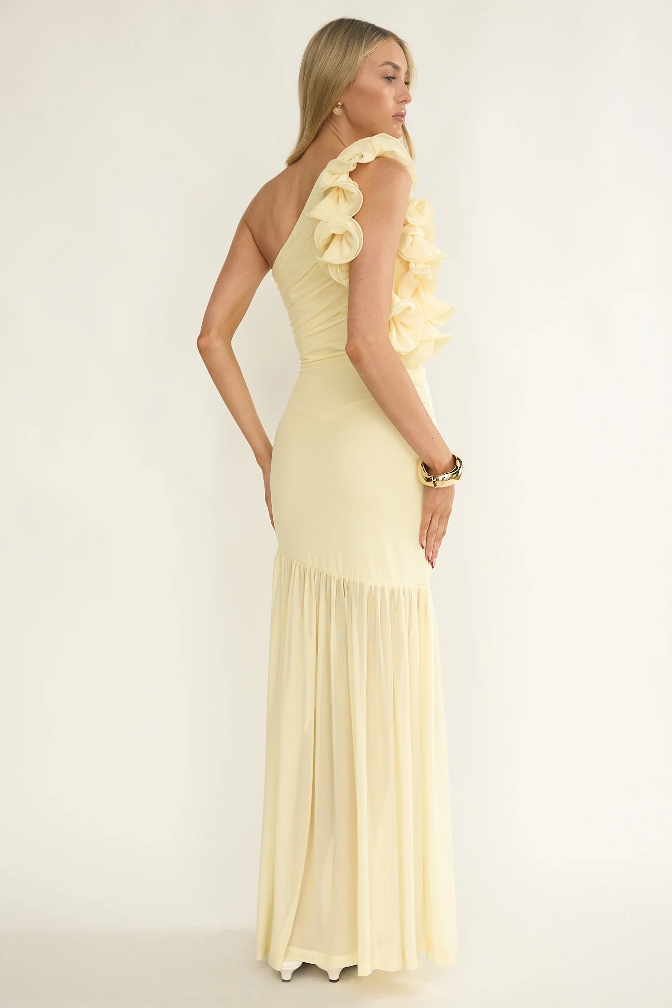Deanna One-Shoulder Sheer Hem Maxi Dress Yellow