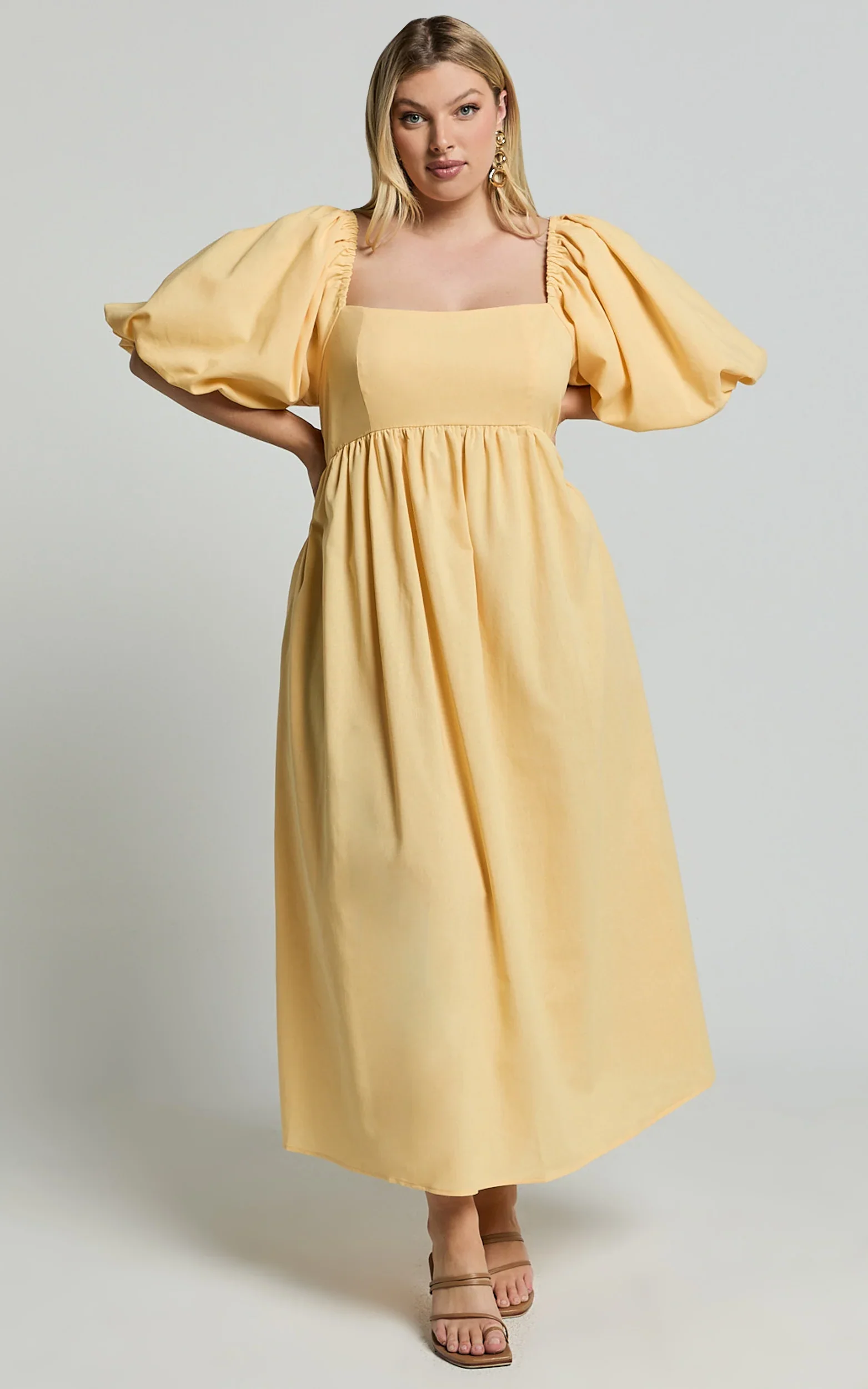Cenia Midi Dress - Linen Straight Neck Shirred Back Puff Sleeve Dress in Lemon - elegeleges