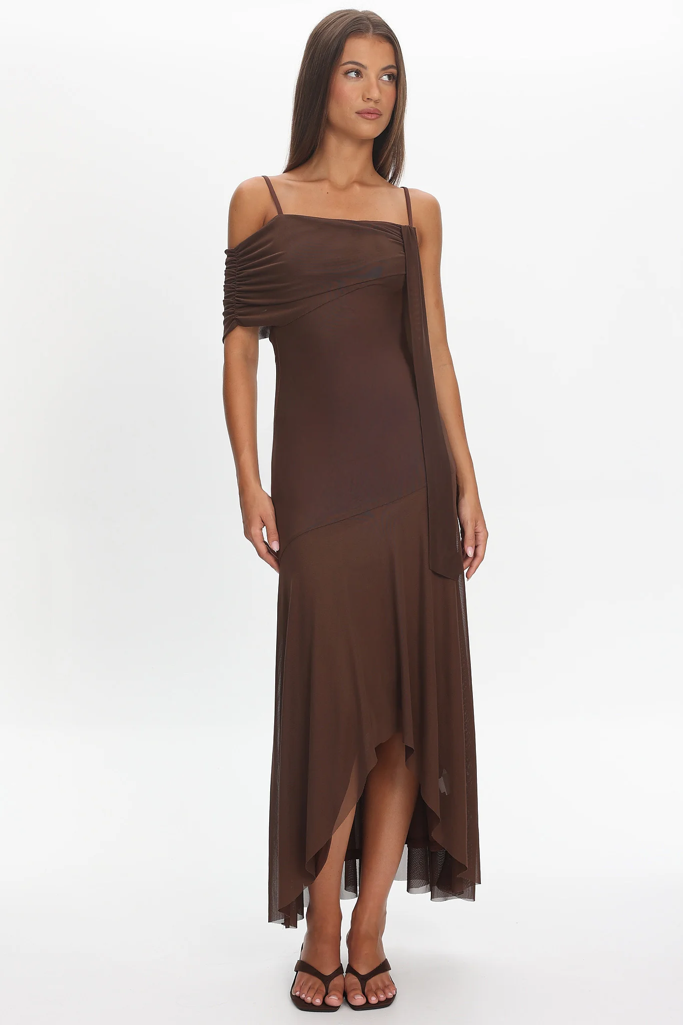 Millitah Asymmetric Hem Mesh Maxi Dress Chocolate