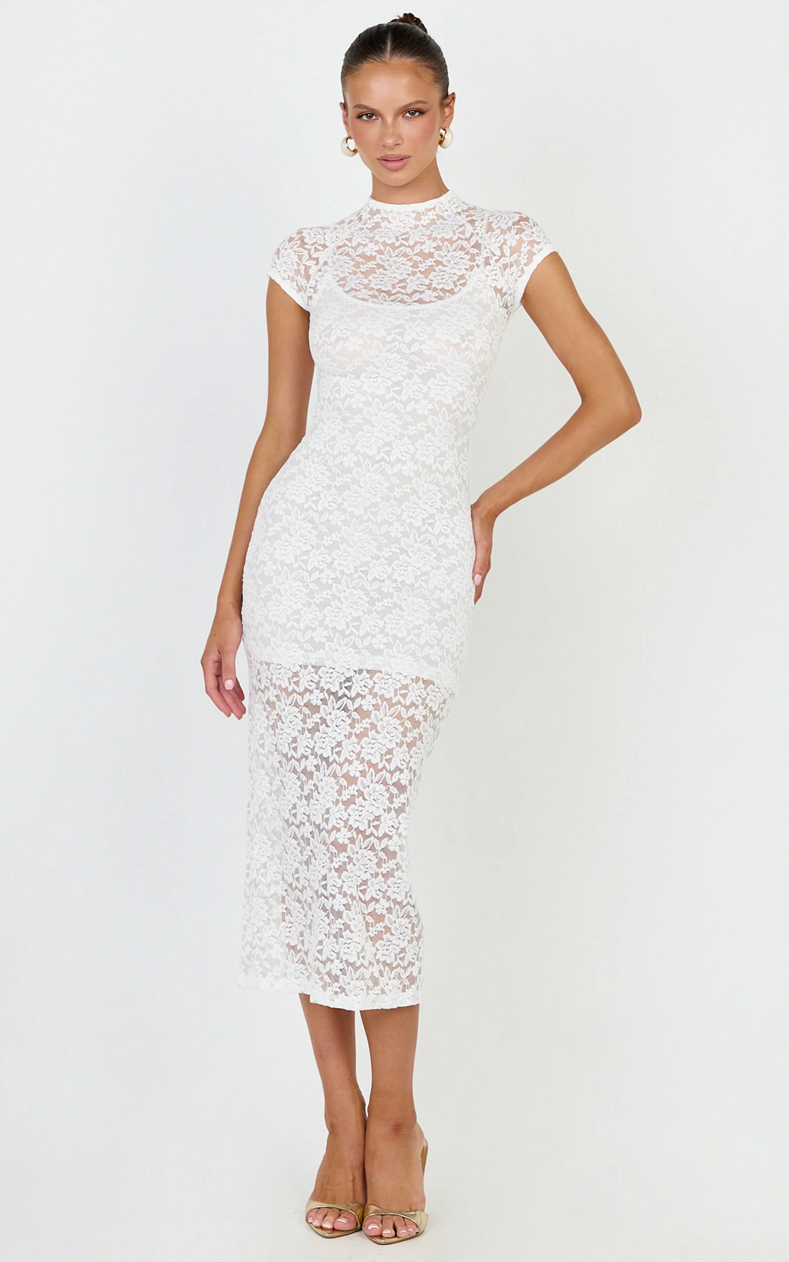 Emma Midi Dress - Lace Cap Sleeve Bodycon Dress in White