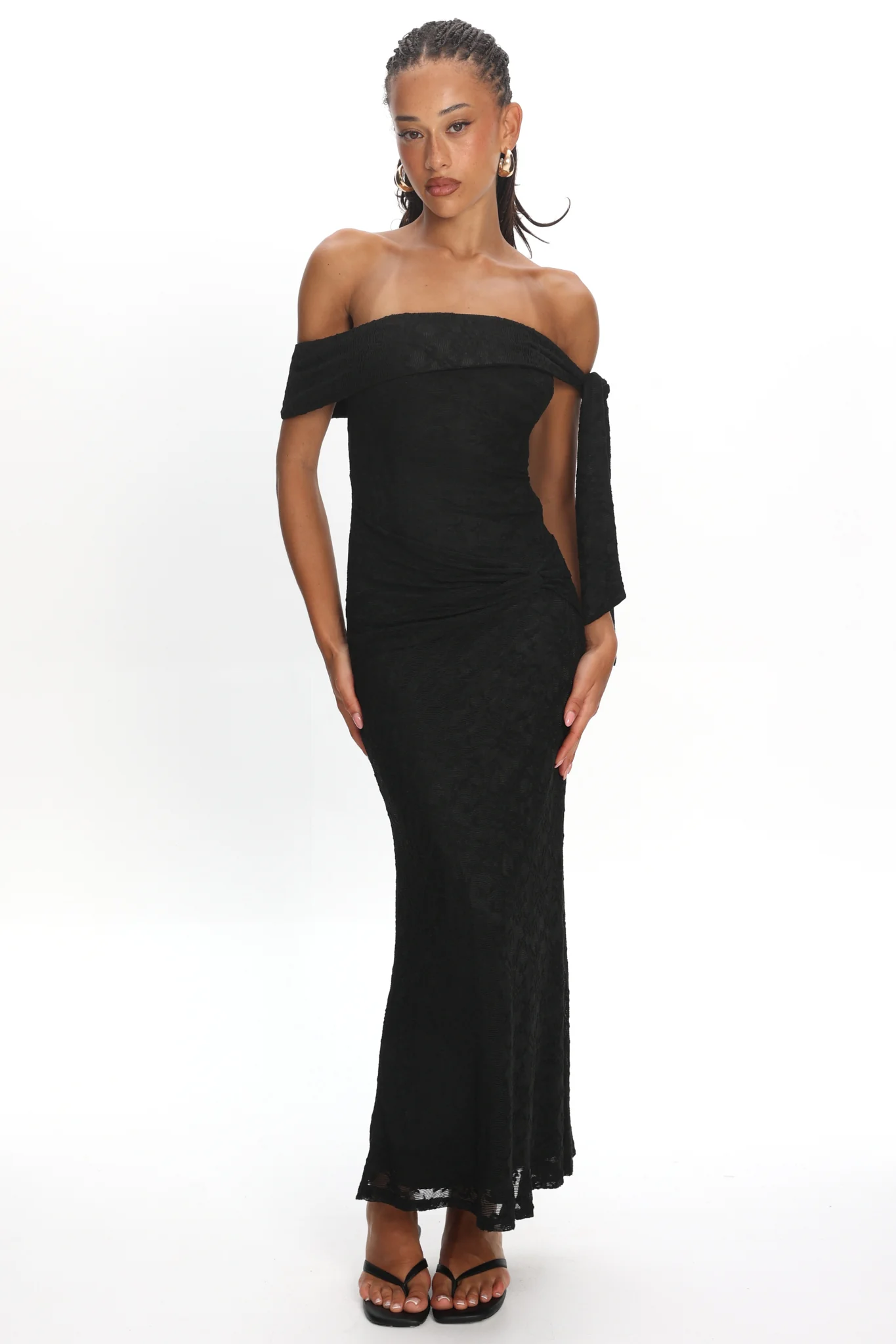 Aurora Sky Off-Shoulder Tie Maxi Dress Lace Black