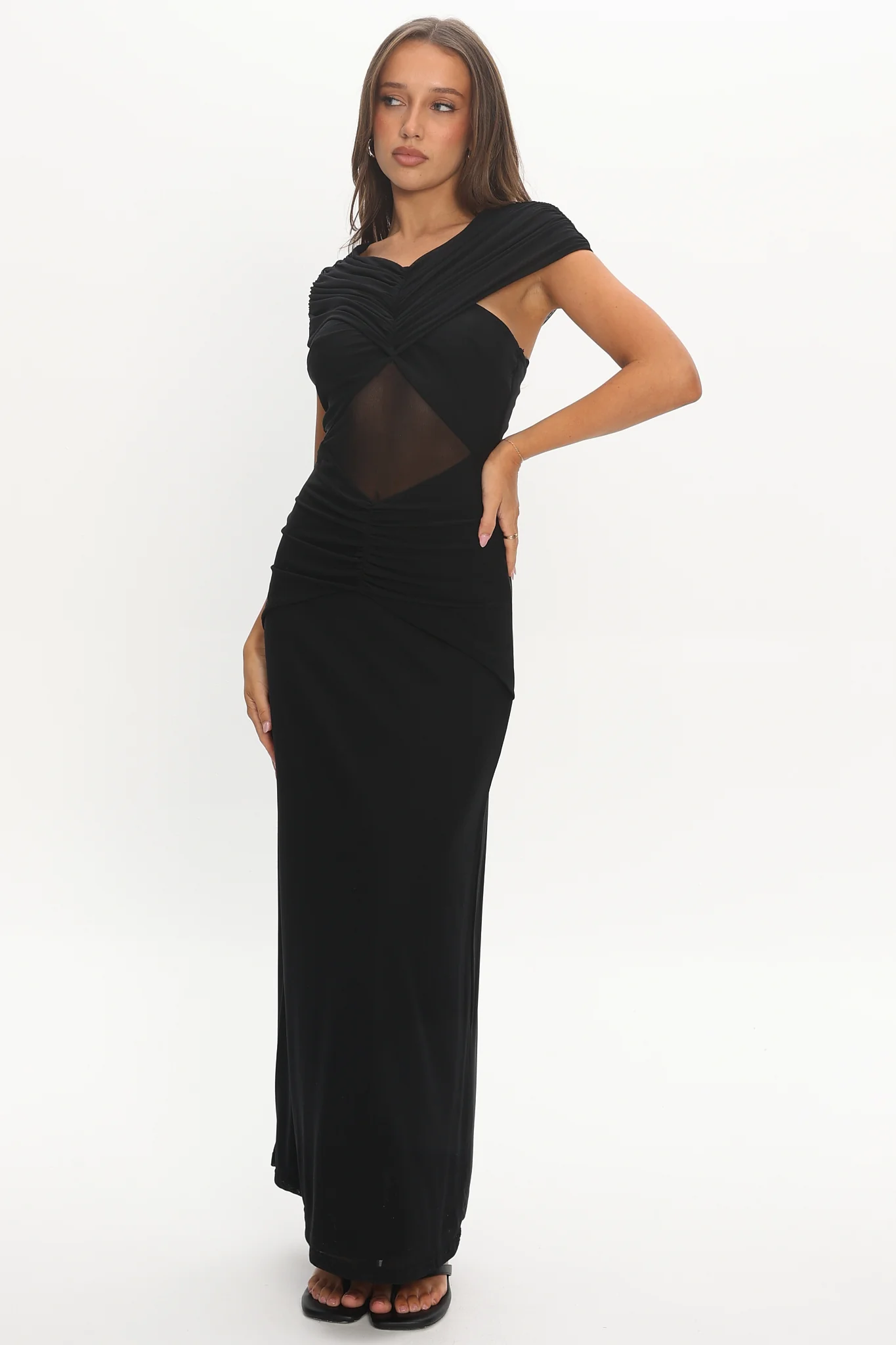 Reba Sheer Waist Ruched Maxi Waist Black - luluinthesky