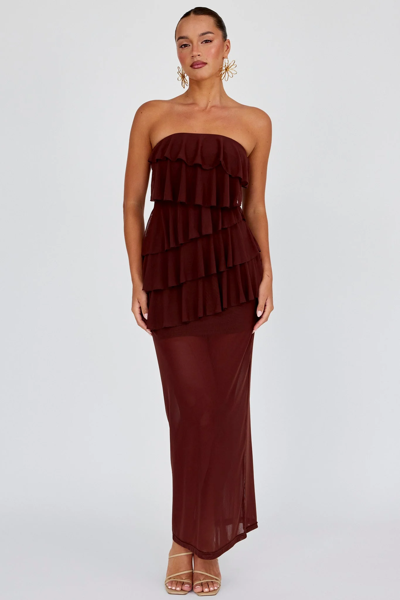 Crewe Strapless Ruffle Maxi Dress Chocolate - luluinthesky