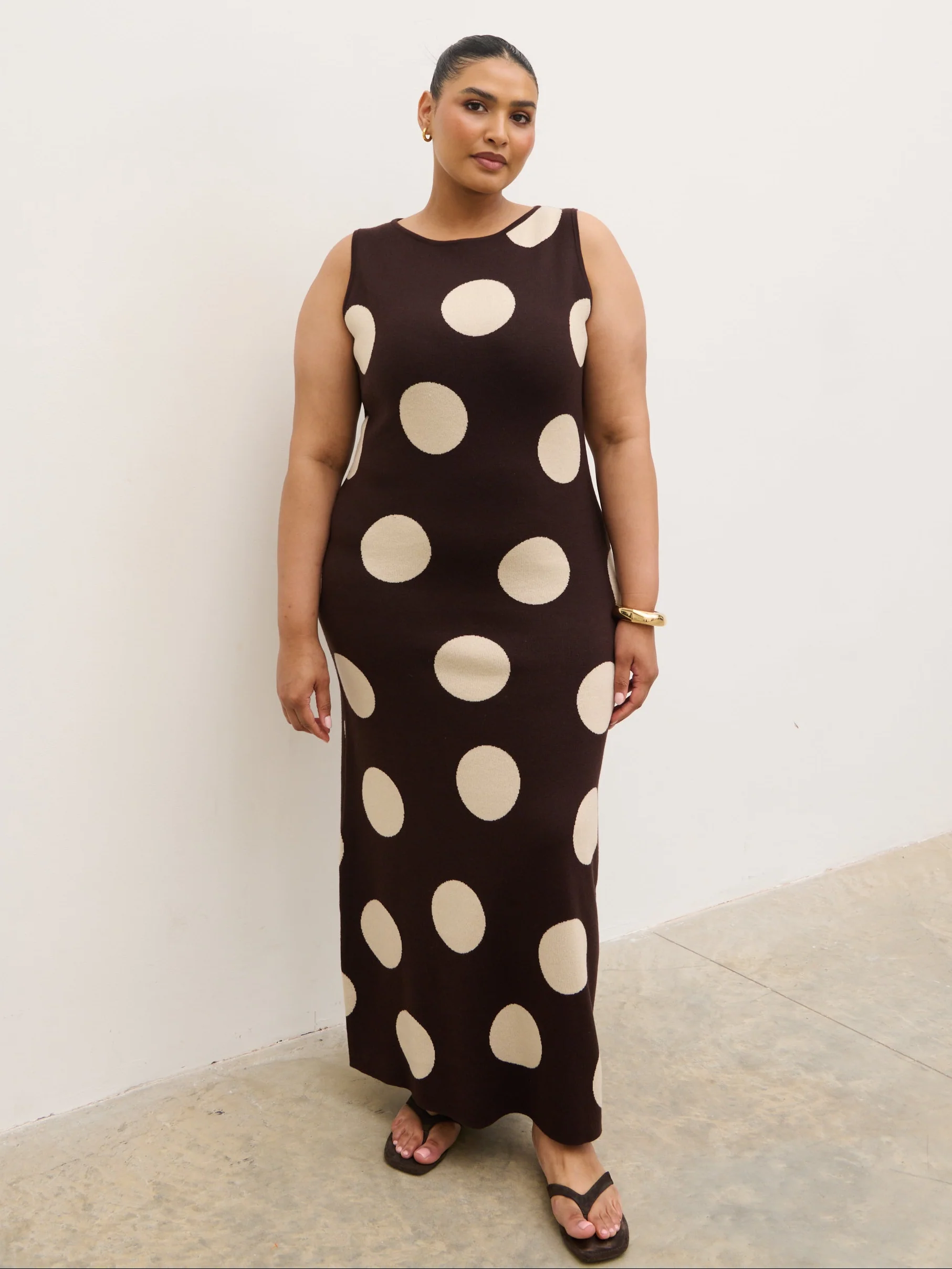 Sarover Polka Dot Maxi Knit Dress Curve - Chocolate and Cream