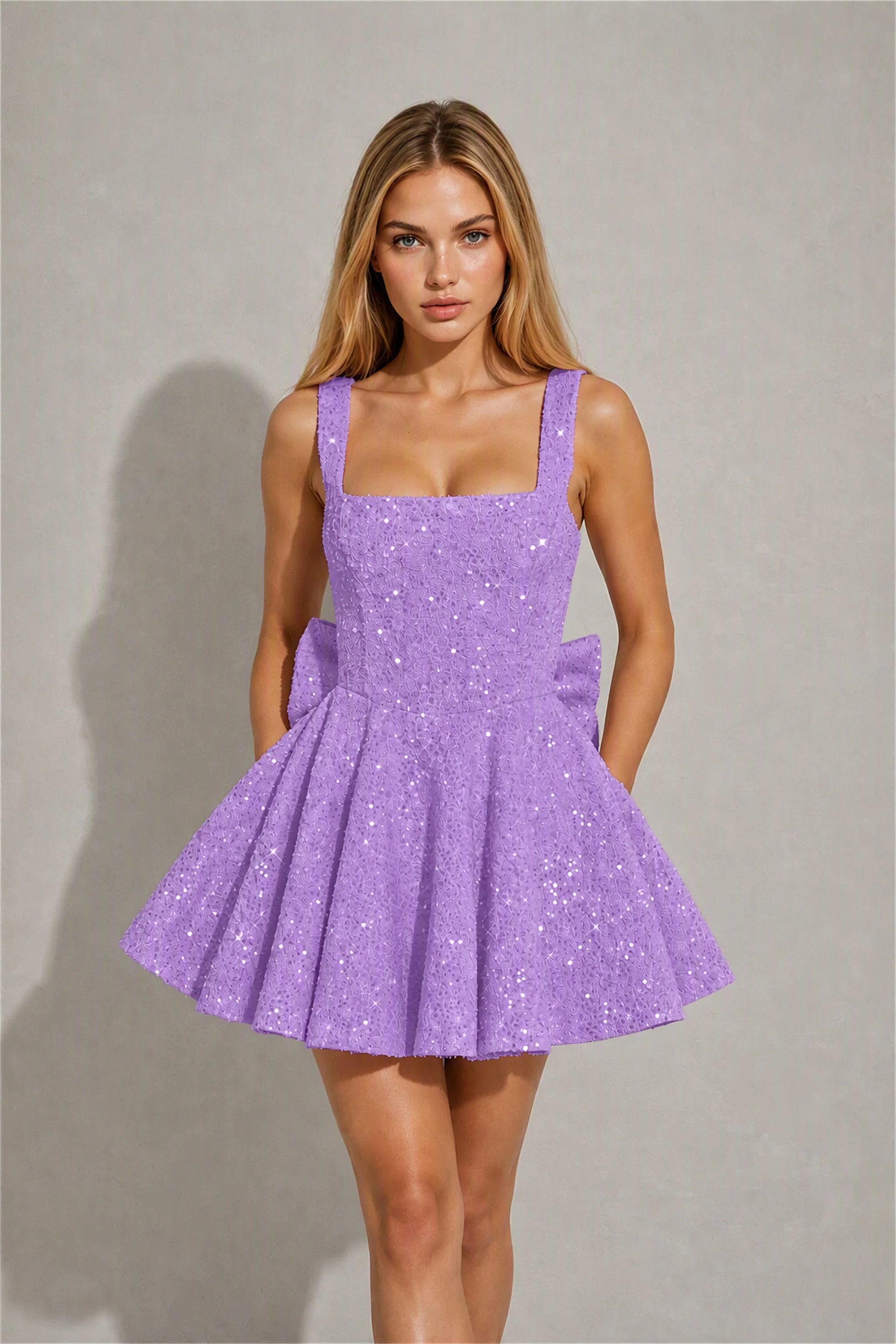BOLODOO Lavender Sequin Square Neck Wide Strap Bow Waist Open Back Fit and Flare Mini Dress | Prom Birthday Party Dress