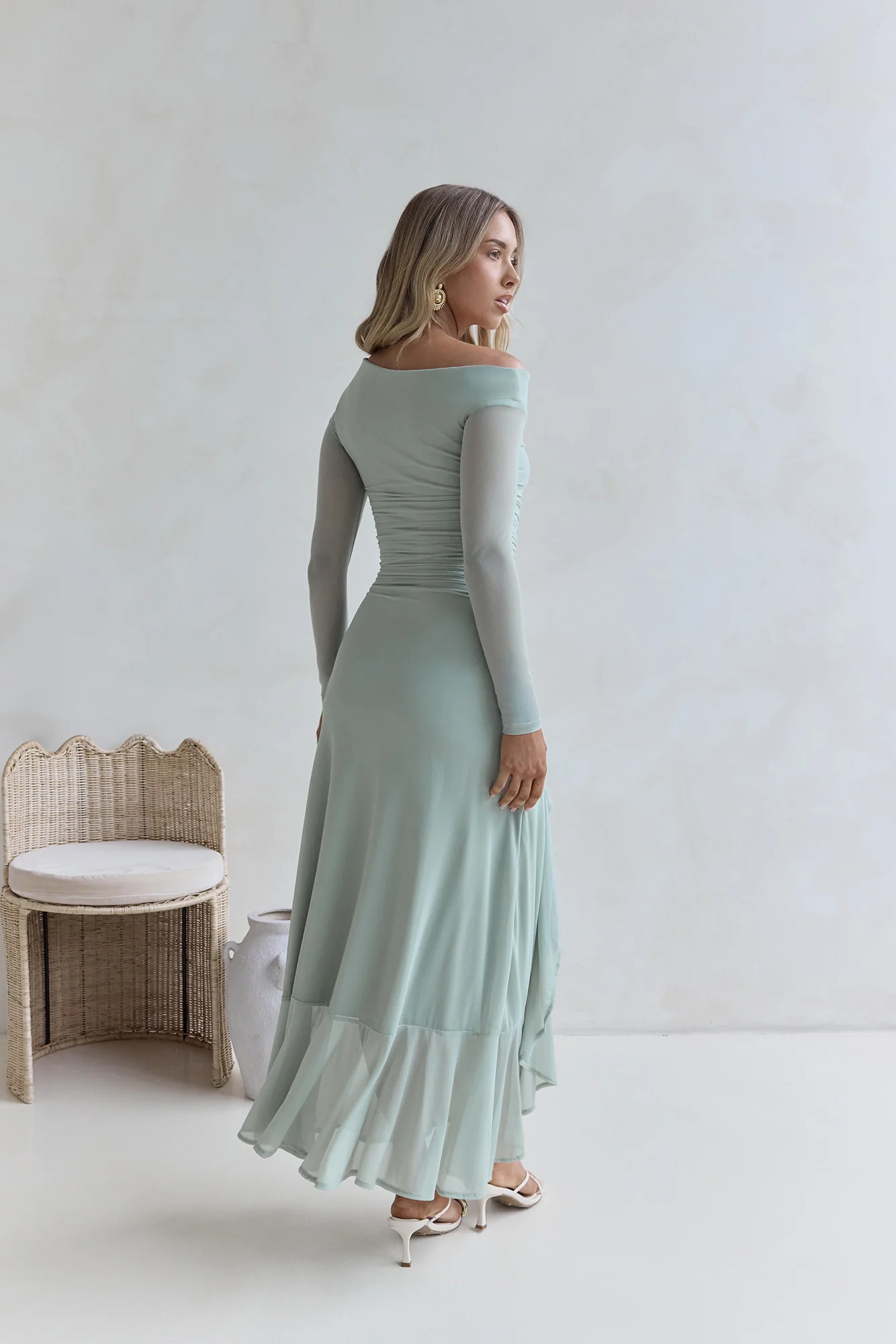 Whispered Secrets Mesh Long Sleeve Maxi Dress Sage
