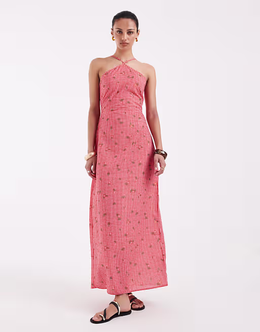 Vero Moda halter maxi dress in red floral gingham print