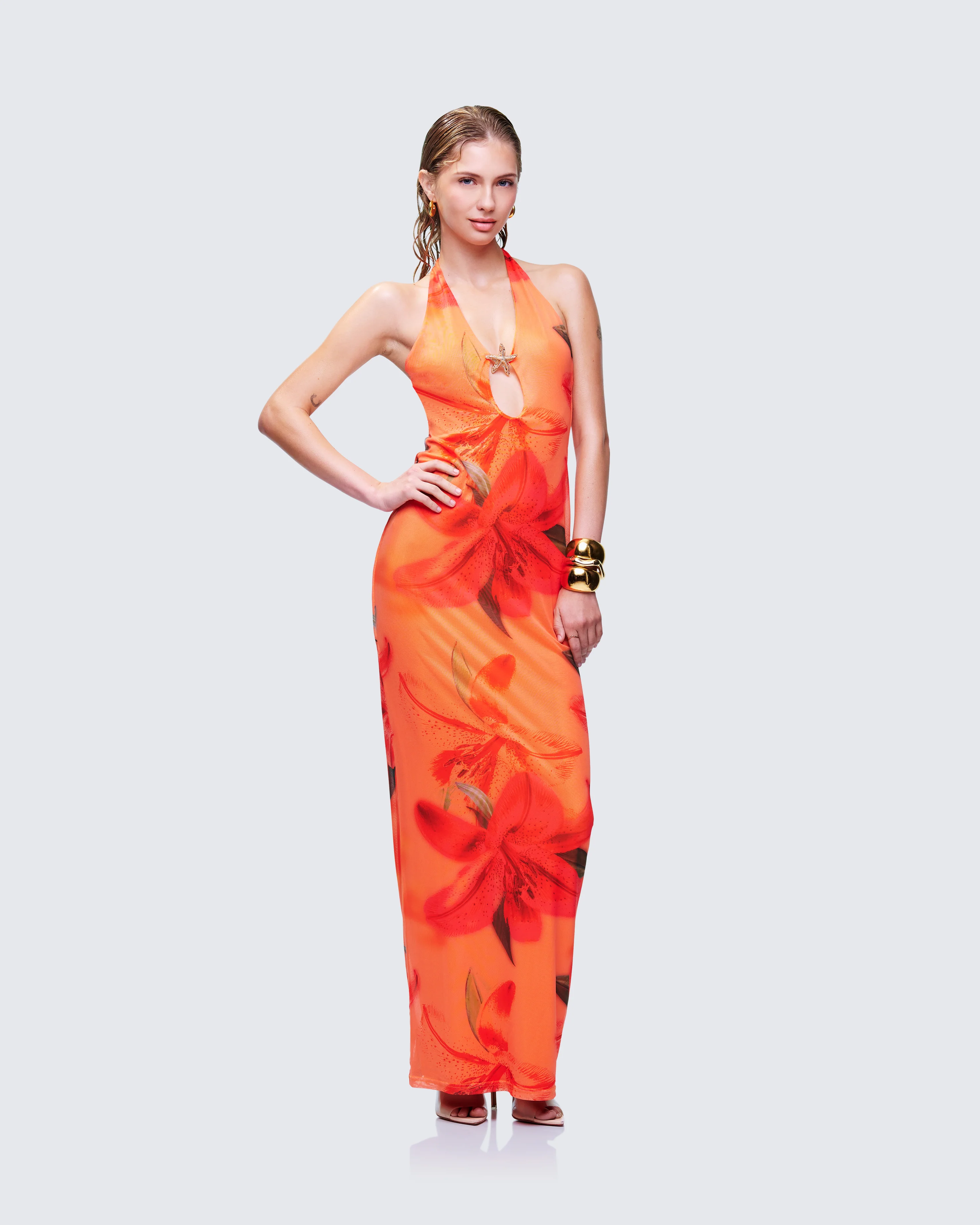 Evana Multi Printed Mesh Maxi Dress