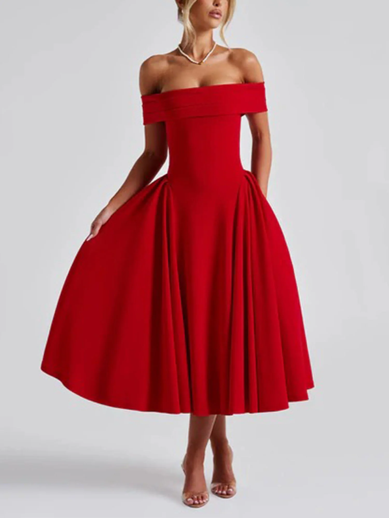 Red Off-Shoulder Vintage-Inspired Midi Dress