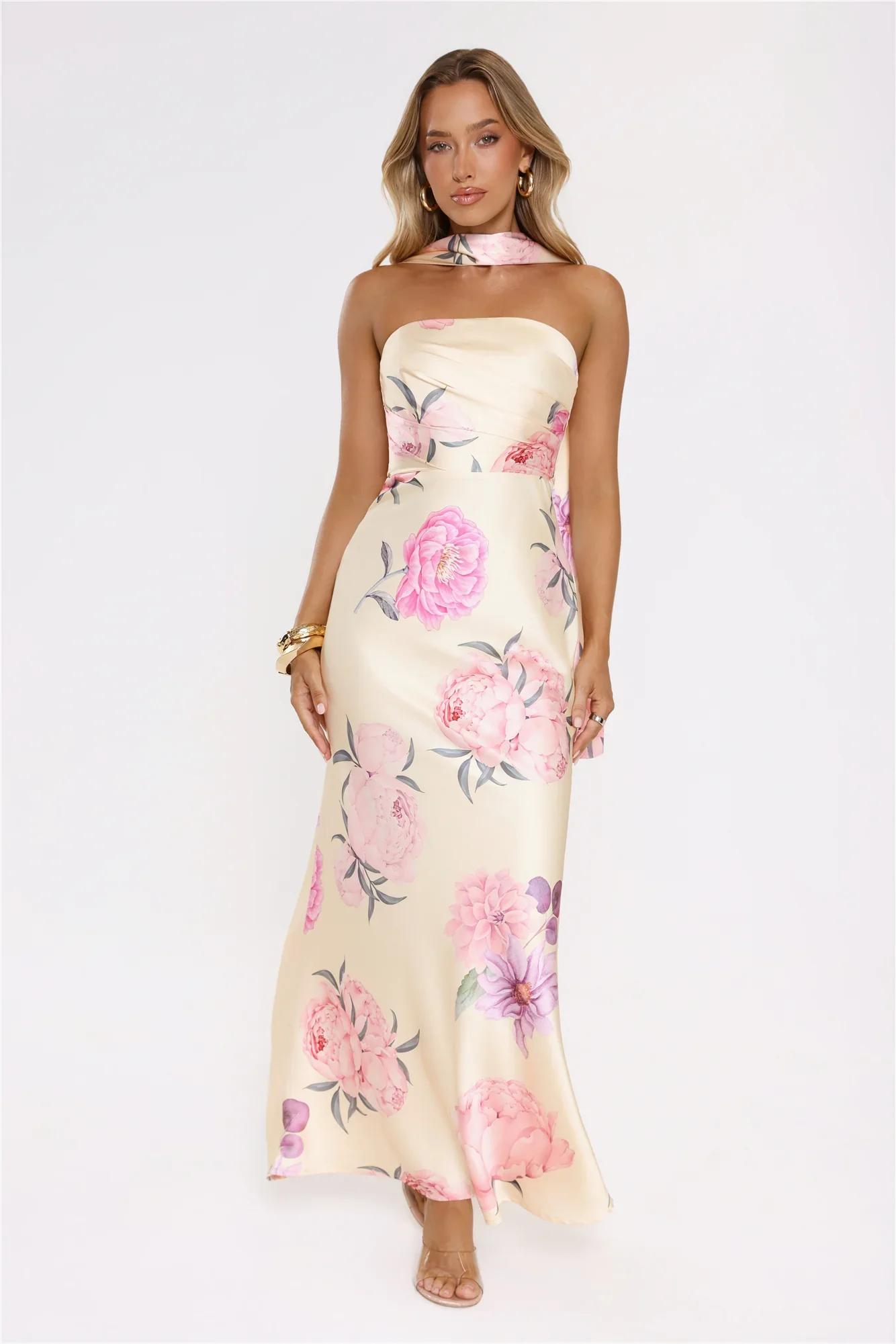 Chic Blooms Satin Maxi Dress Yellow