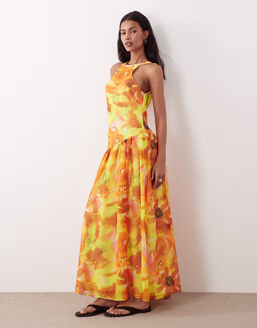 racer back maxi dress with asymmetric waist detail in floral print