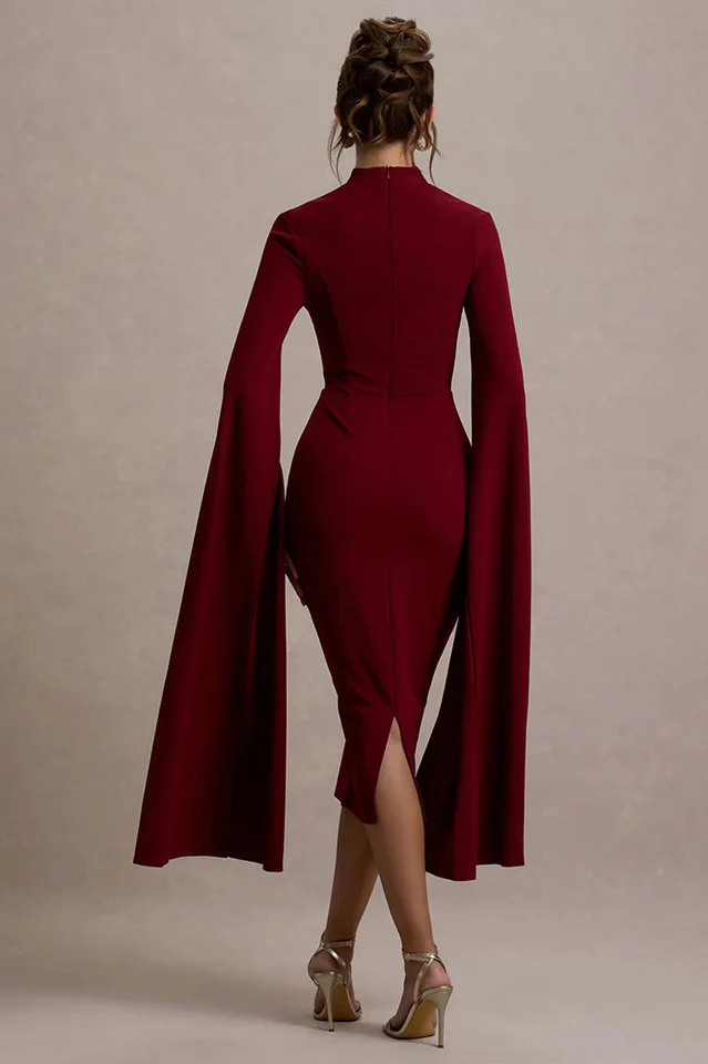Berry Bodycon Cape-Sleeve Midi Dress