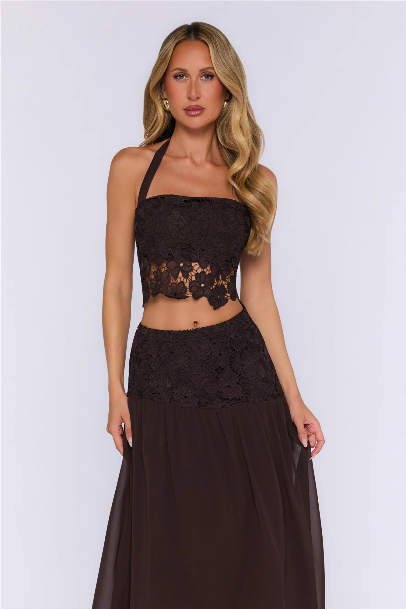 Dream Mood Embroidered Halter Crop Top Brown