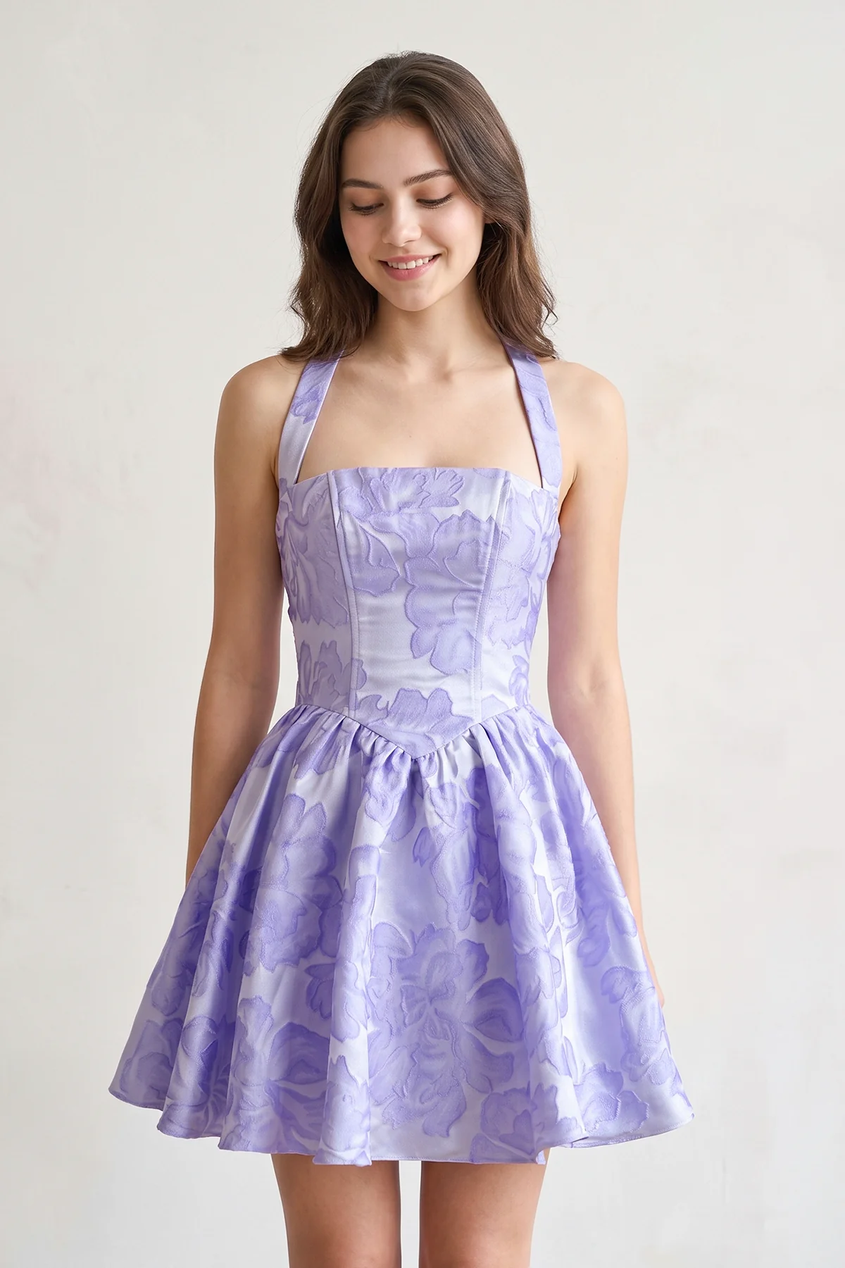 Yellow Halter Jacquard Ruched A-Line Homecoming Dress