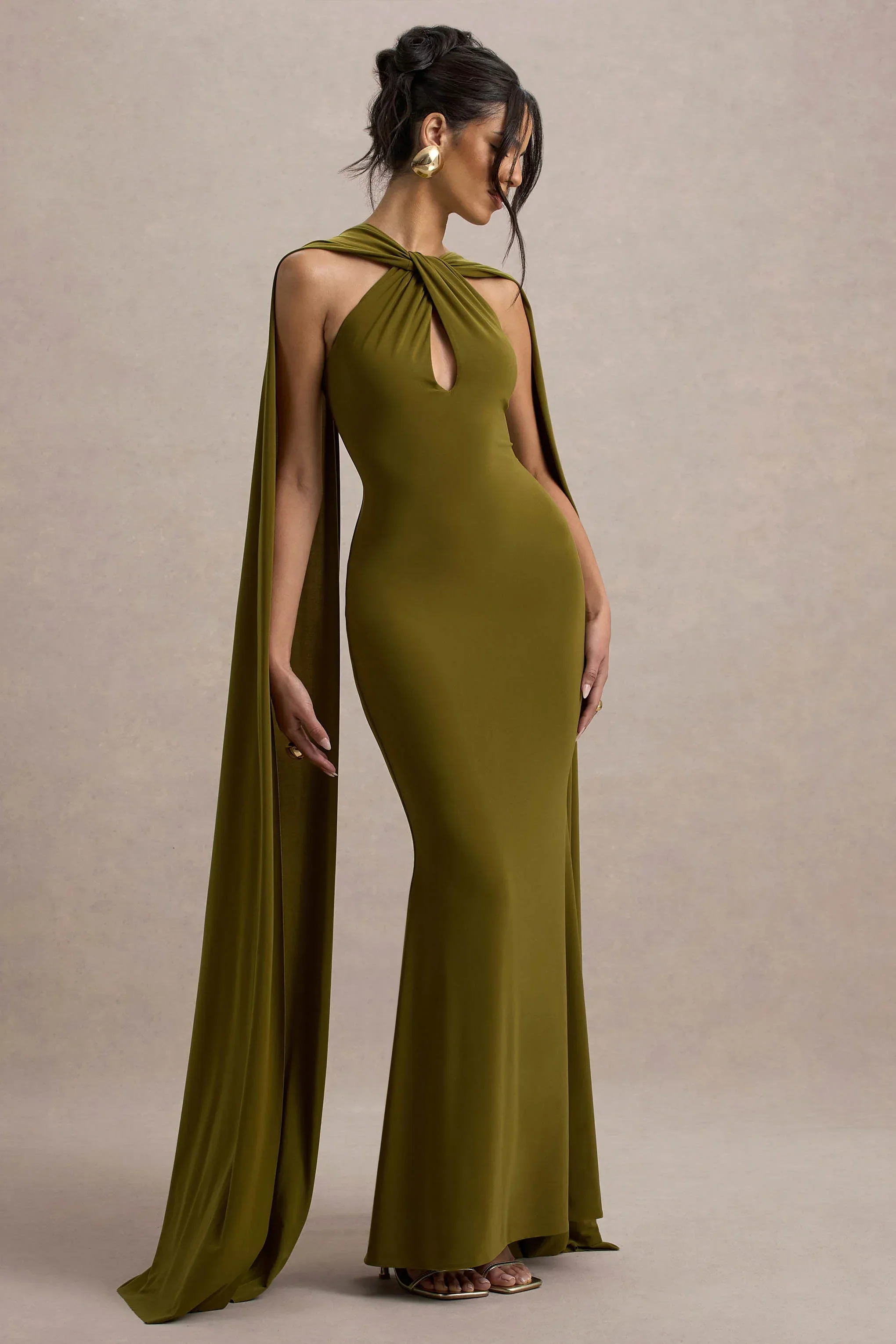 Rhoda | Green Twist Halter-Neck Cape Maxi Dress