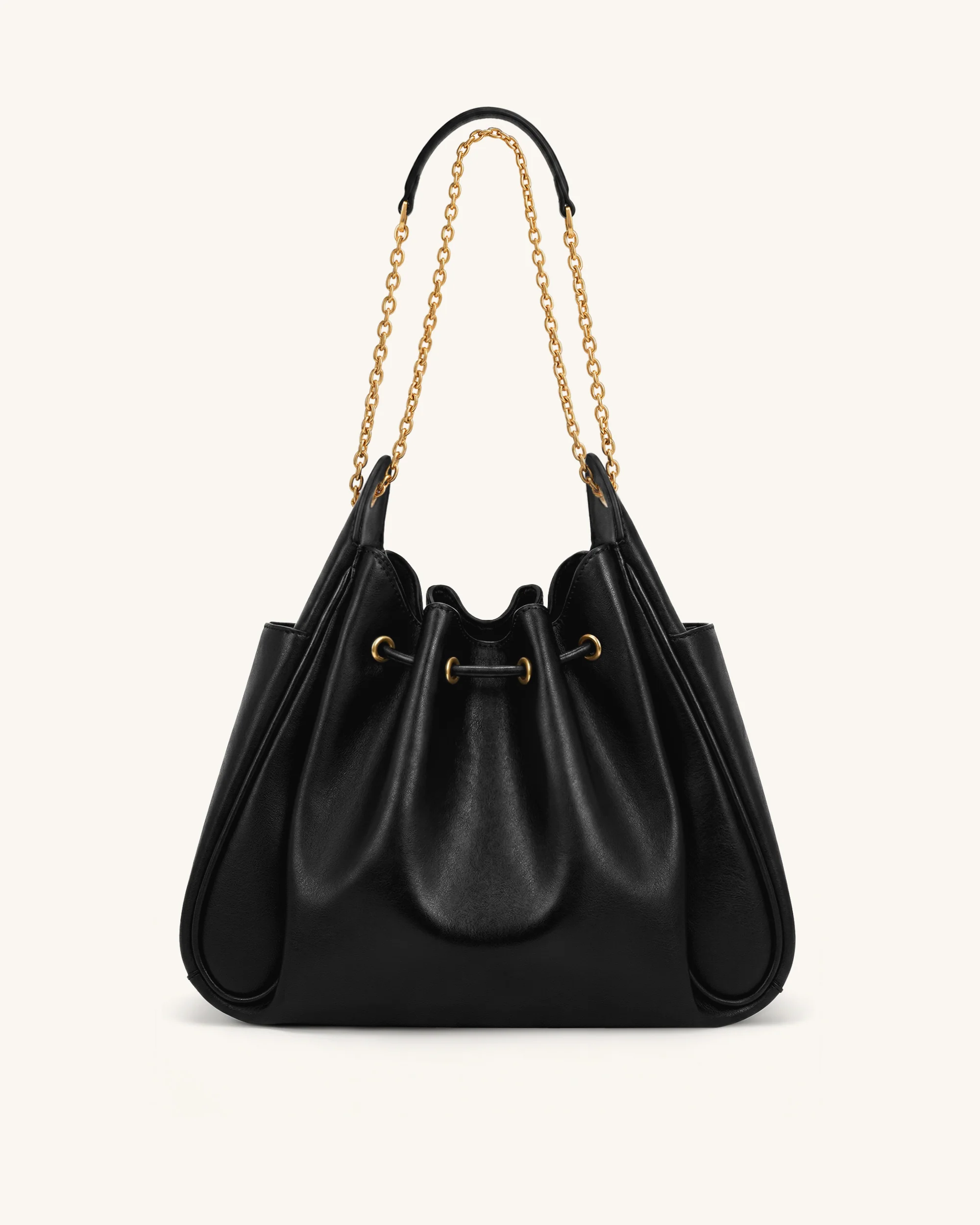 Rowan Ruched Drawstring Chain Bucket Bag - Black