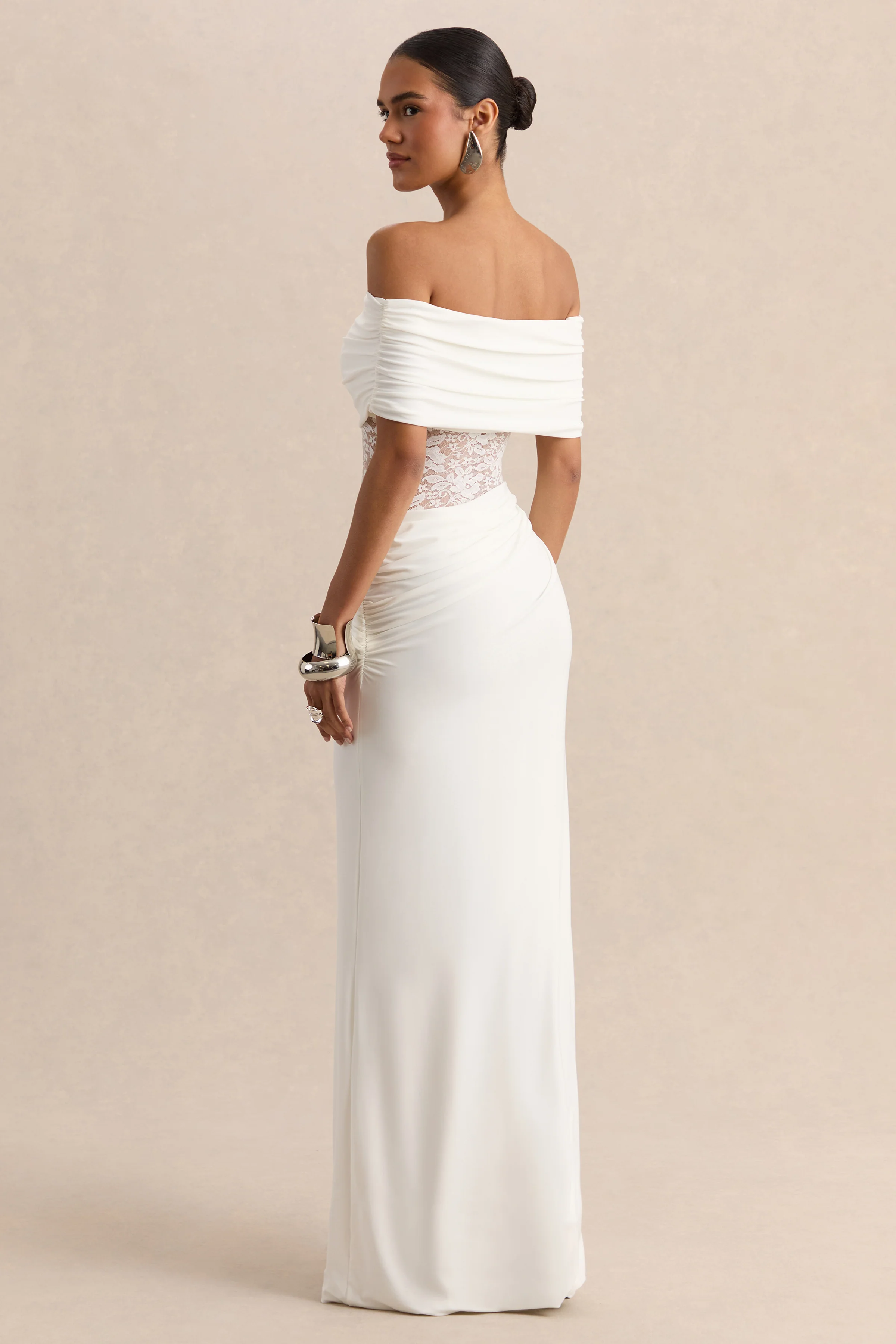 Forsya | White Bardot-Neck Maxi Dress With Lace-Detailing