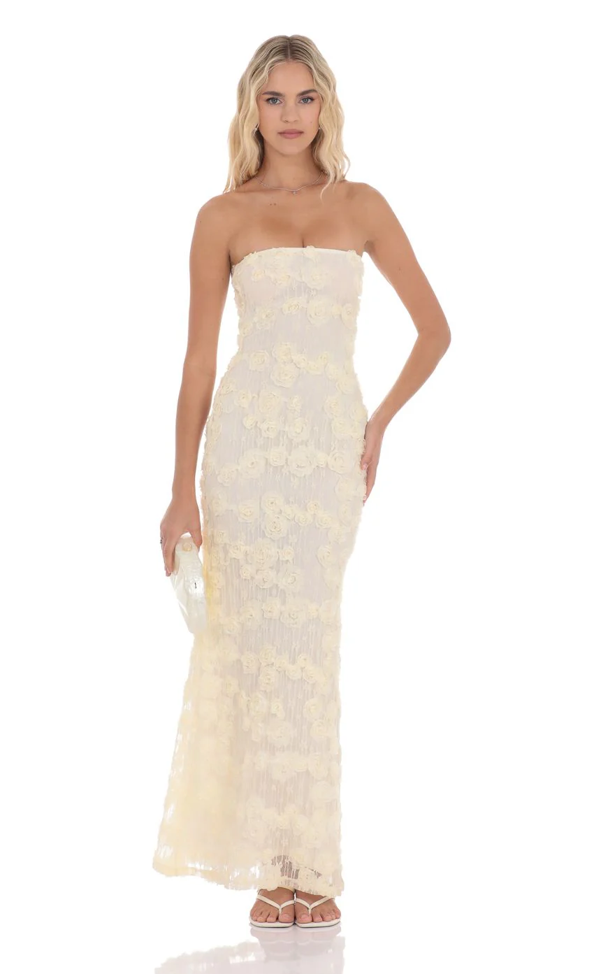 Rosette Strapless Maxi Dress in Cream
