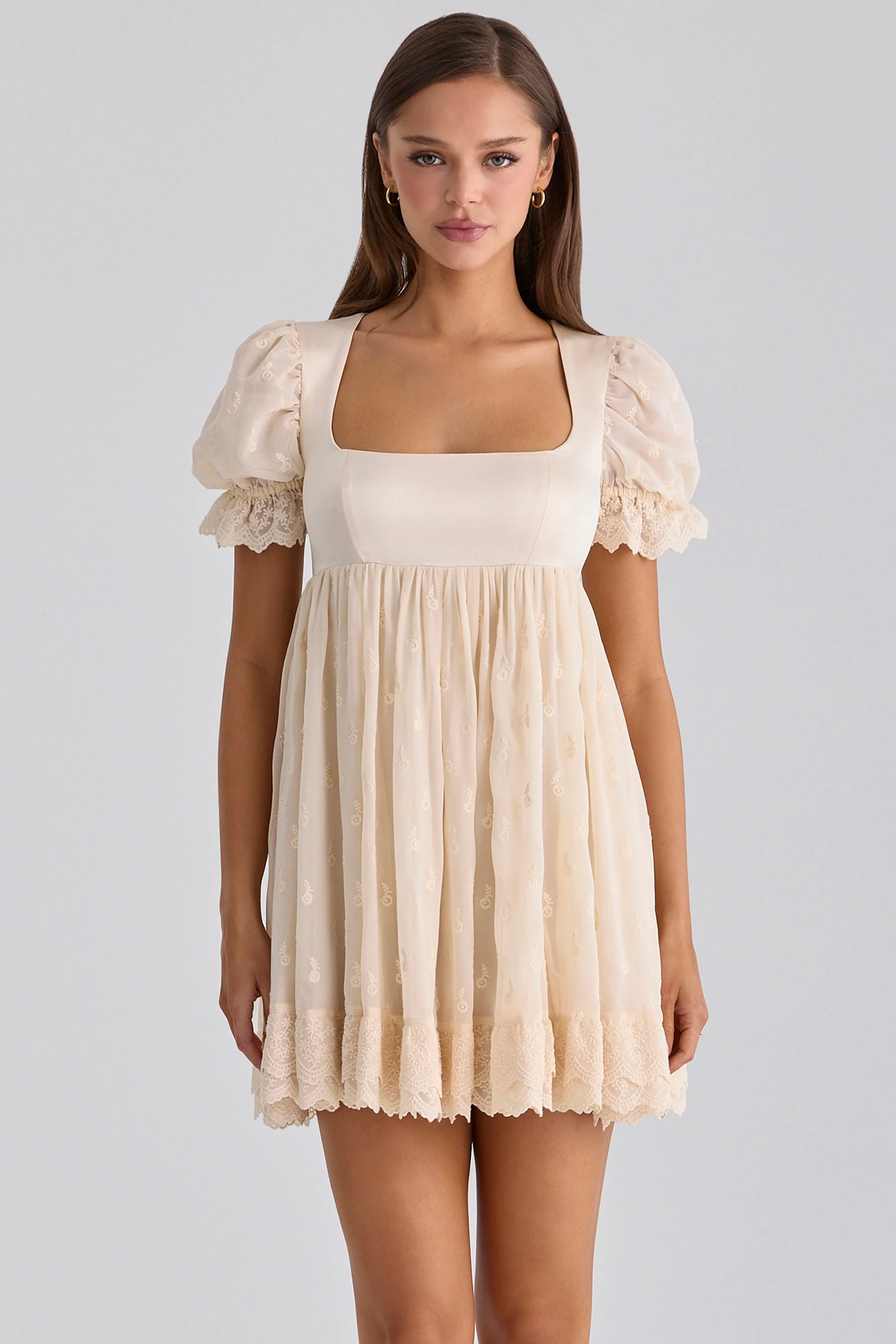 Ivory Satin + Broderie Anglaise Lace Regency Babydoll Mini Dress
