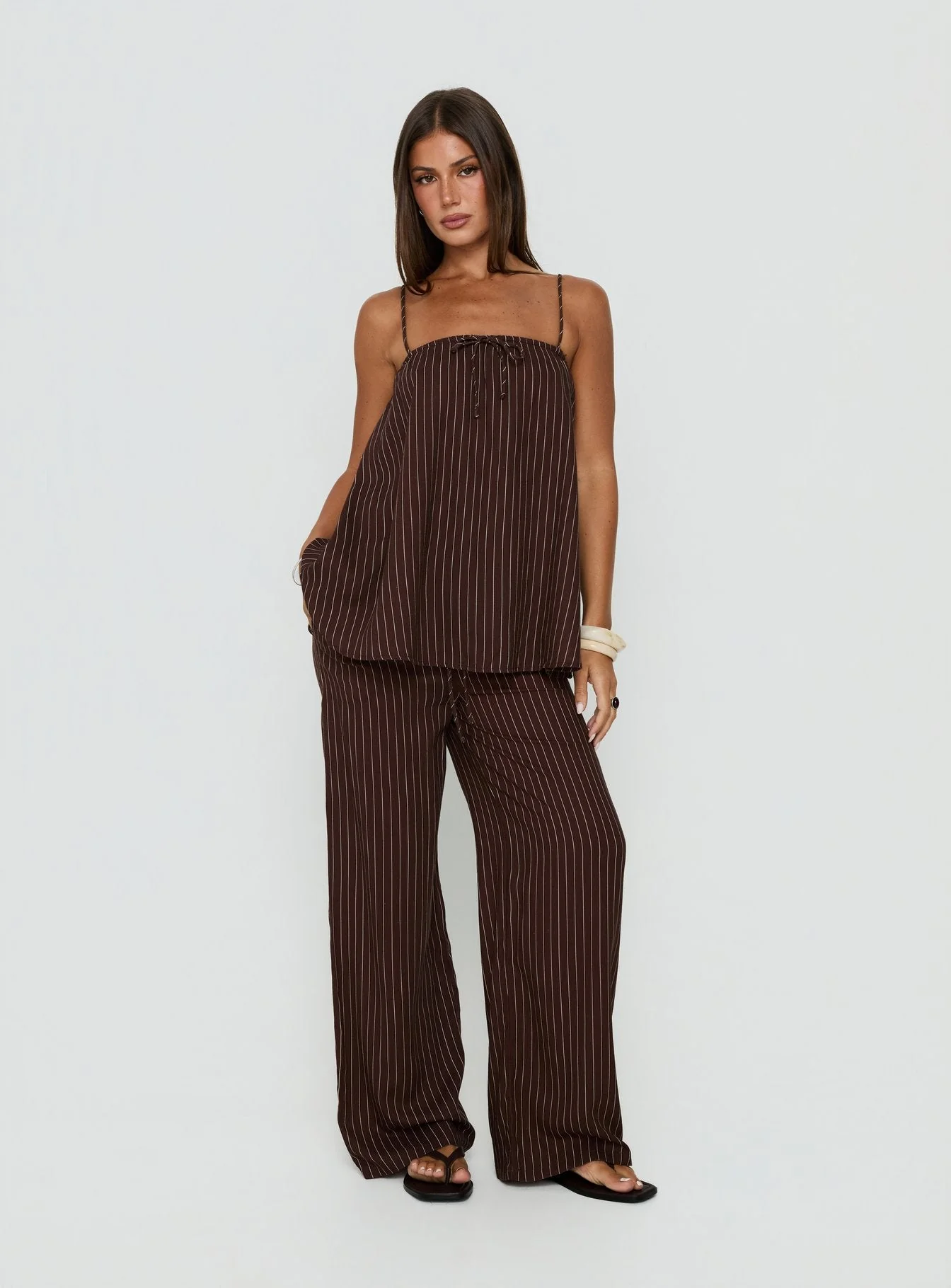 Amibella Mid Rise Wide Leg Pants Brown / Cream Stripe