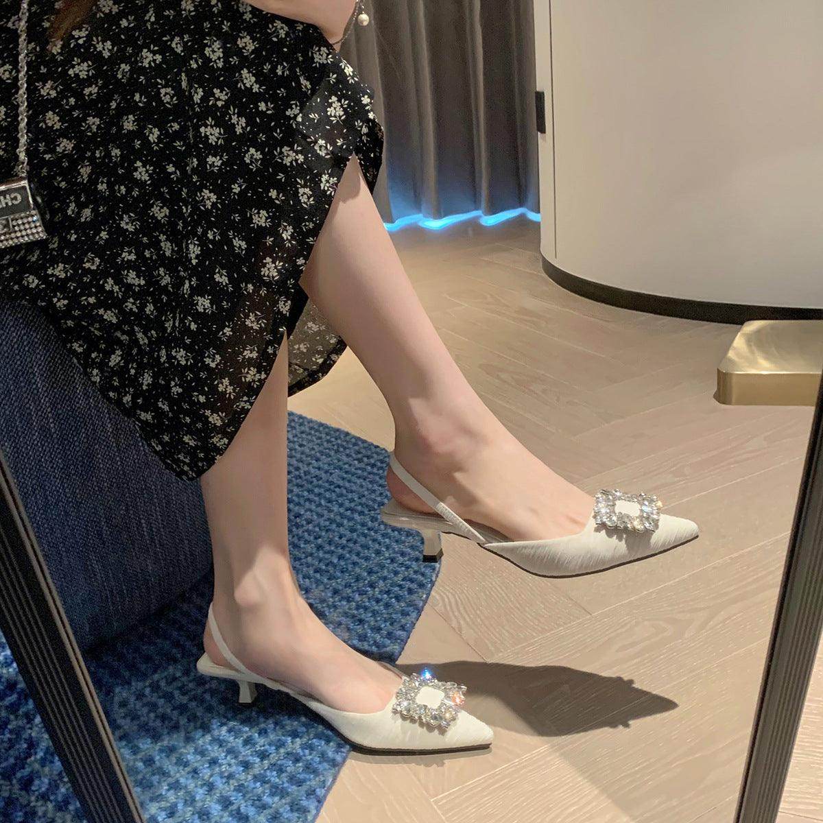 Black Rhinestone Ankle Strap Pointy Mid Heel Sandals 670997112279