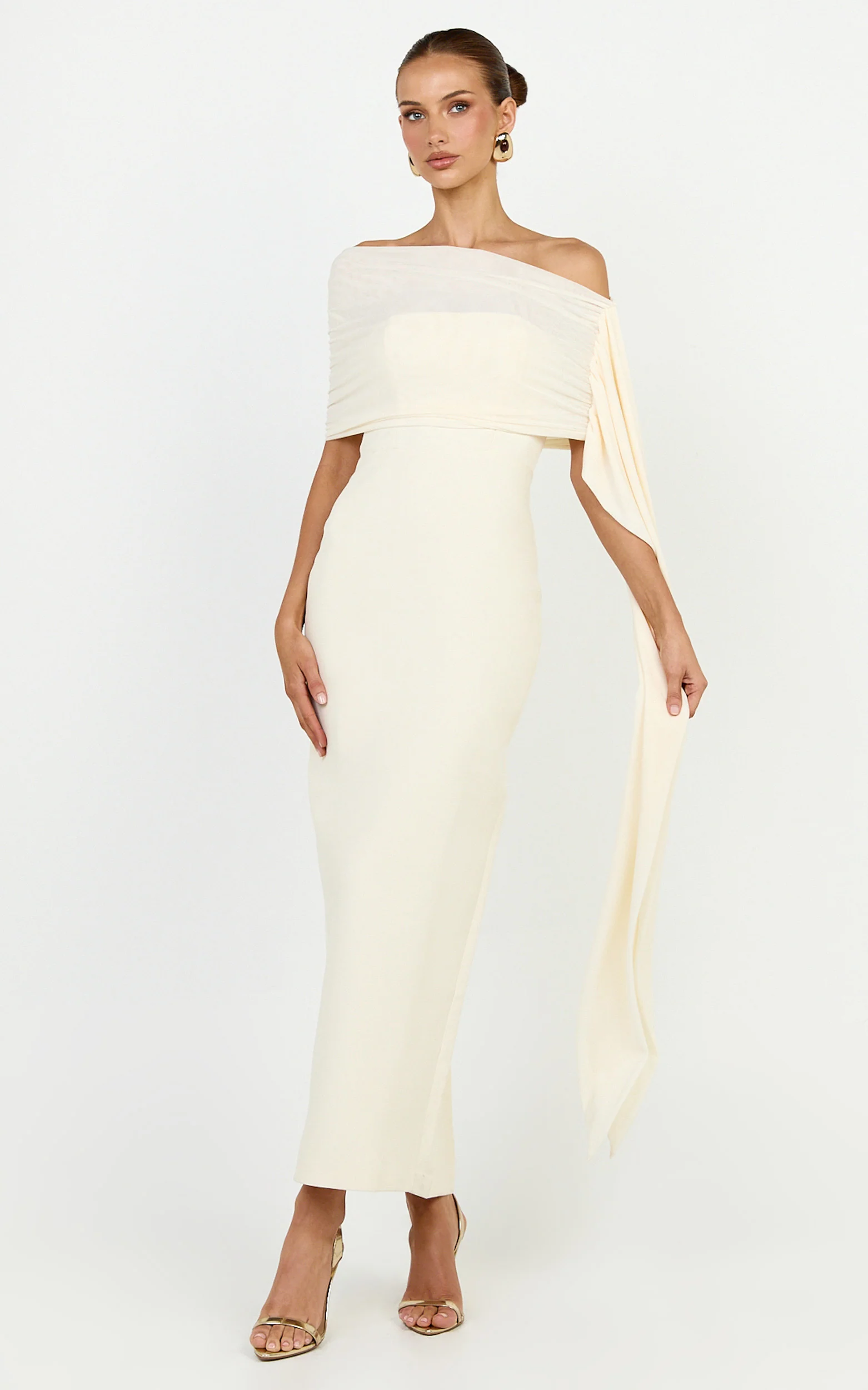 Elina Maxi Dress - Off Shoulder Contrast Mesh Draped Overlay Dress in Cream