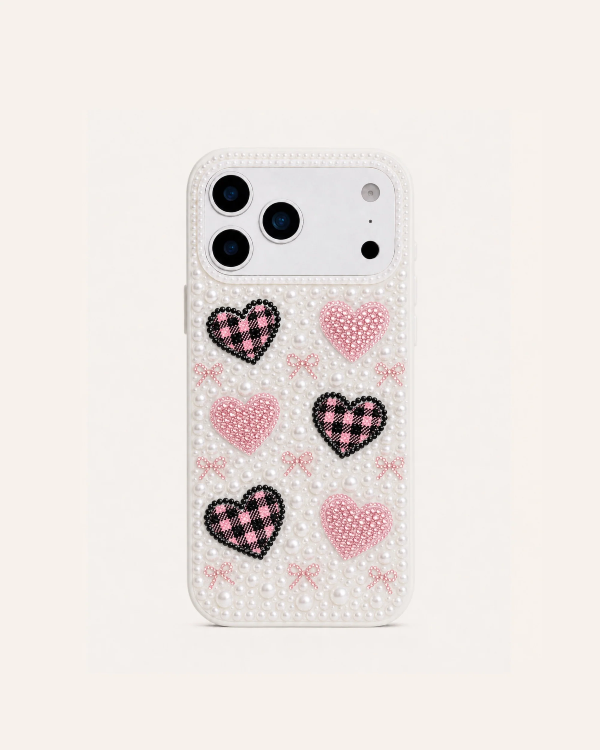 Gingham Heart Faux Pearl Phone Case - White