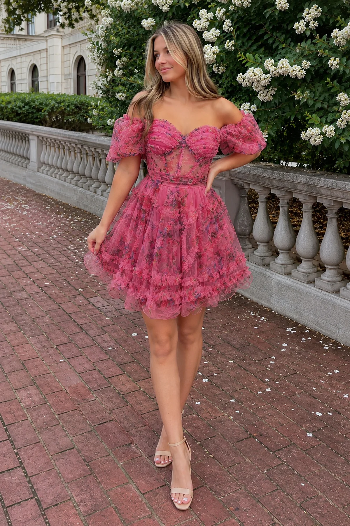 Fuchsia A Line Off the Shoulder Printed Homecoming Dress