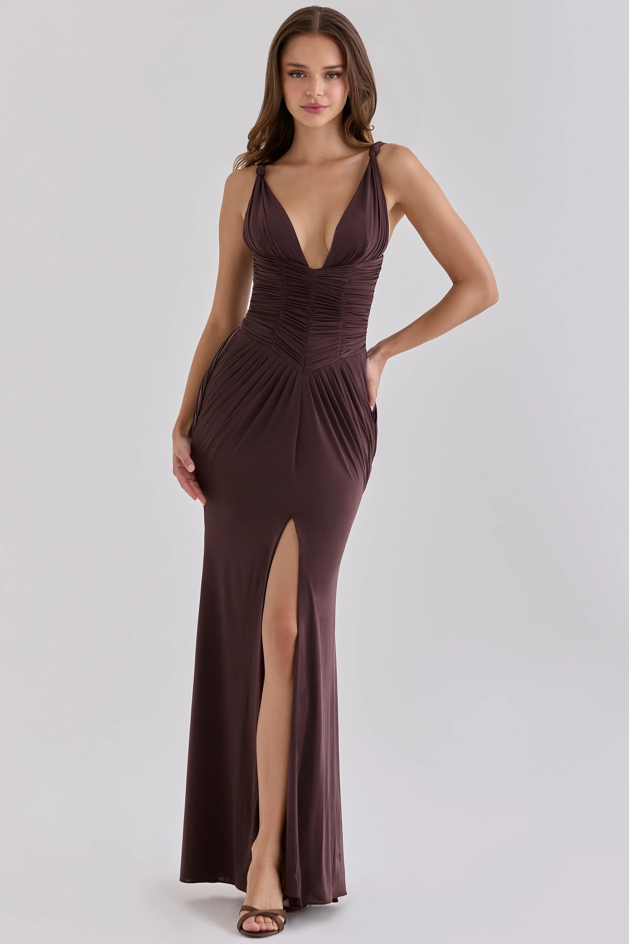 Black Cherry Gathered Plunge Maxi Dress
